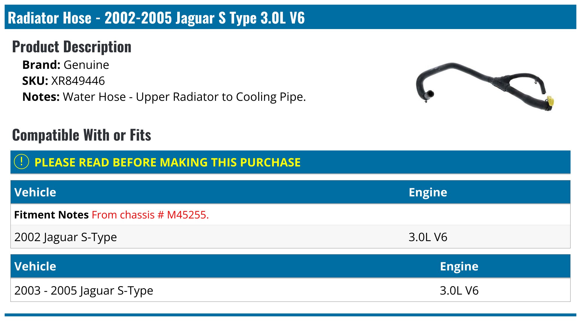 EUROSPARE Upper Radiator Coolant Hose For 2003-2008 Jaguar S-Type 3.0L V6 6 thumbnail image