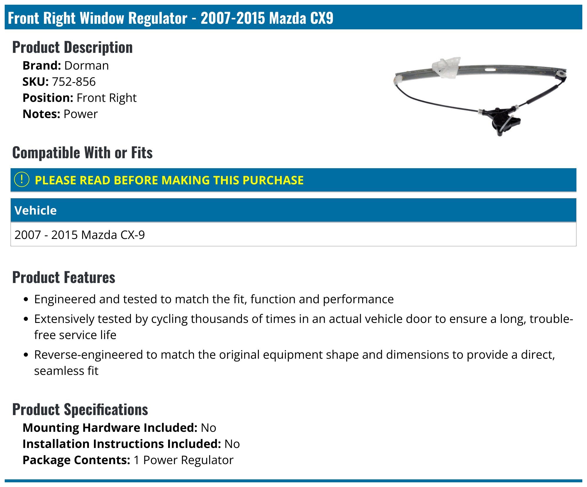 New Passengers Rear Power Window Regulator & Motor 07-15