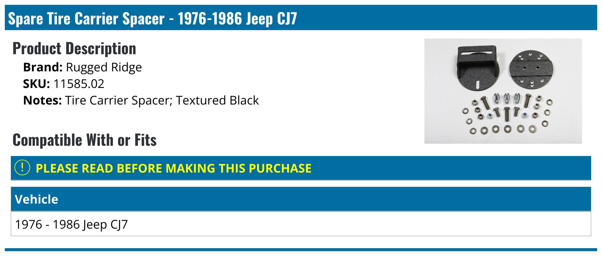 19761986 Jeep CJ7 Spare Tire Carrier Spacer Rugged Ridge 11585.02