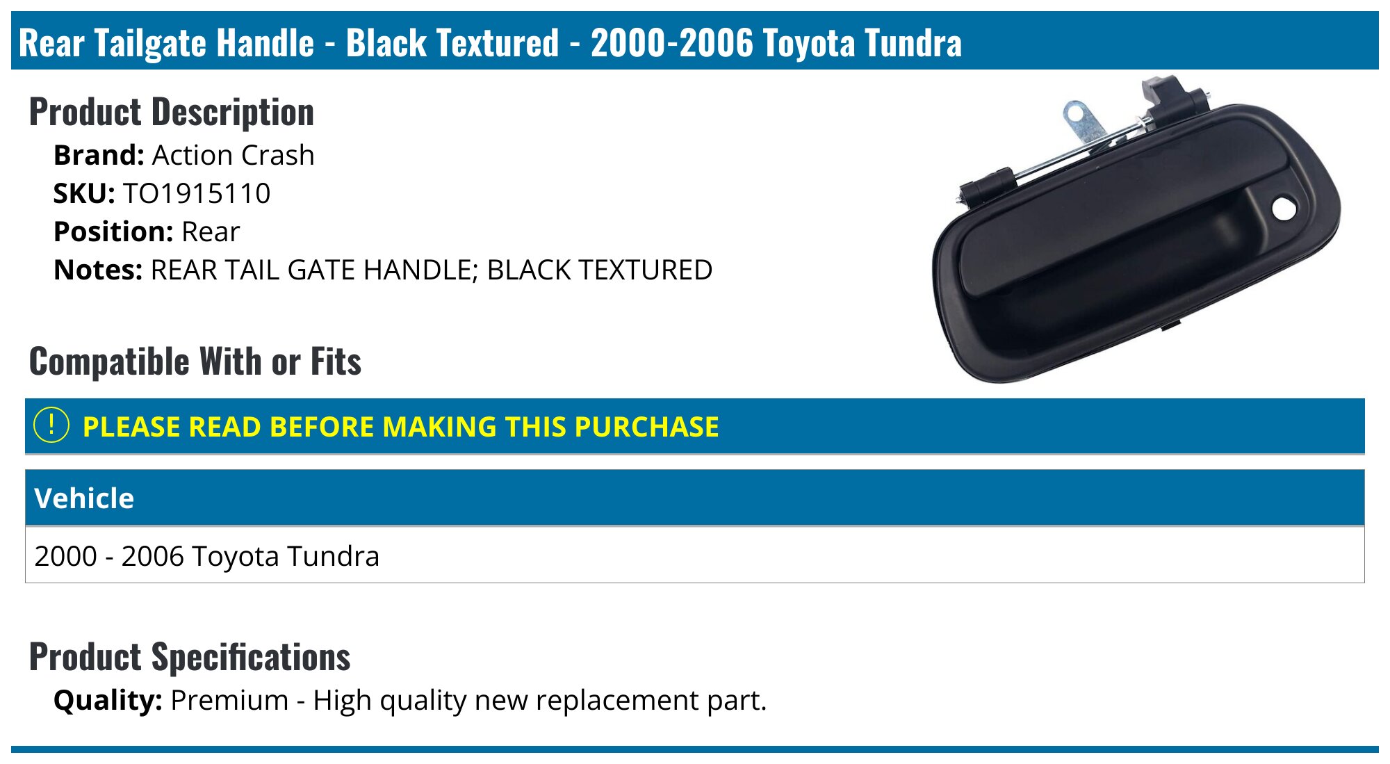 Tailgate Handle For Toyota Tundra 2000-2006 – Textured Black Direct Replacement S&T