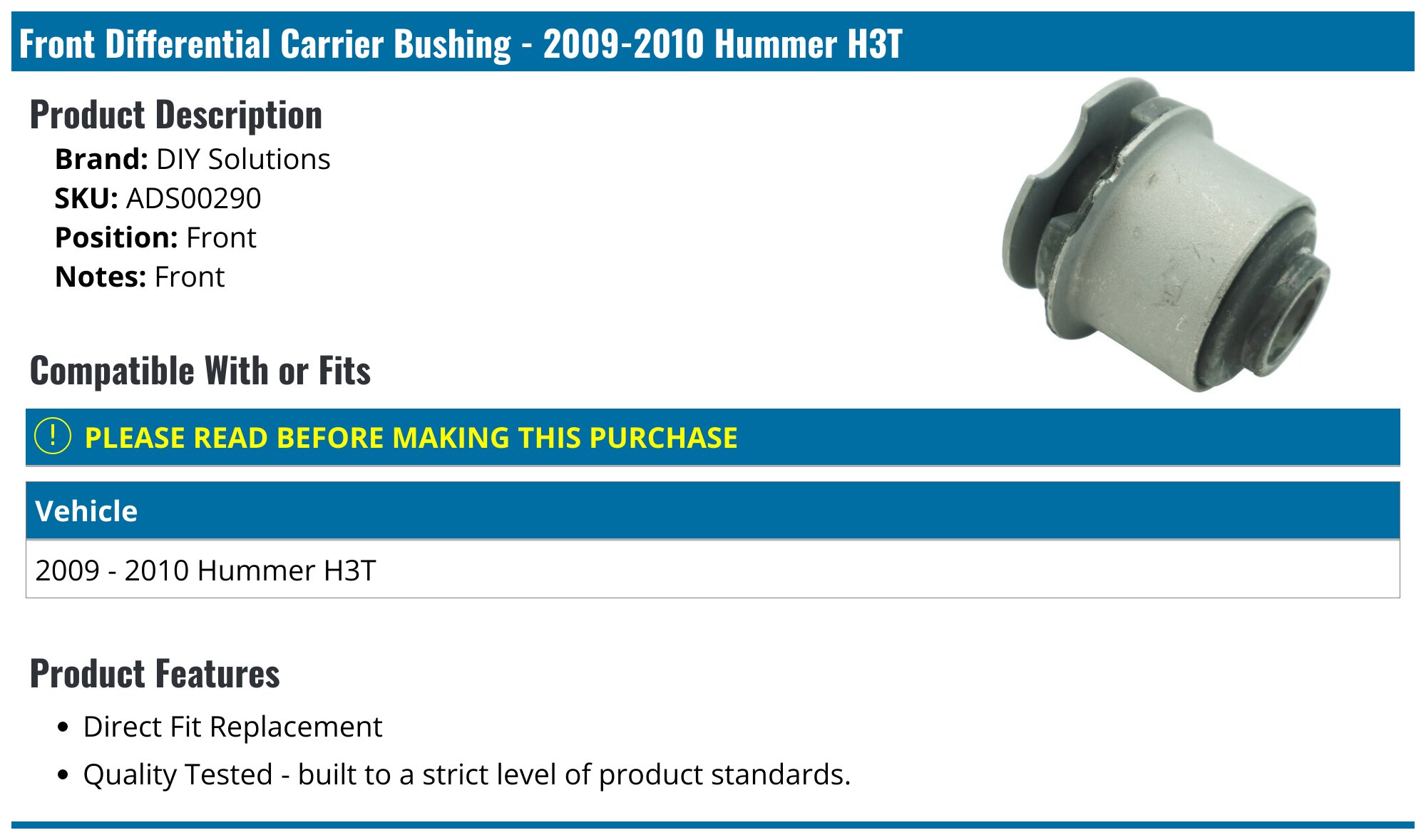 Tough Polyurethane Front Differential Mount Bushing Kit For Hummer H3 & H3T (2006-2010) – 15-Piece Set, Black