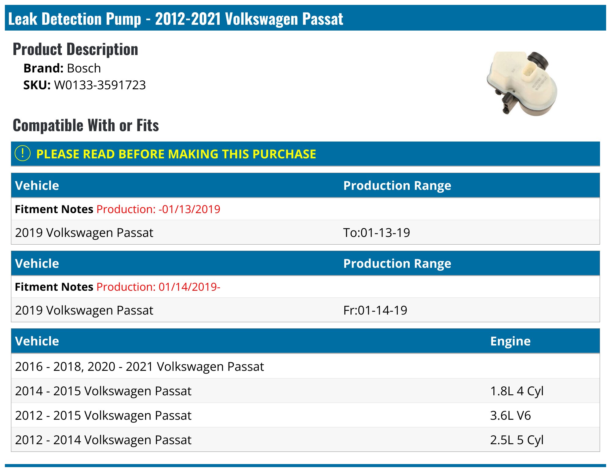 2012-2021 Volkswagen Passat Leak Detection Pump - Bosch W0133 