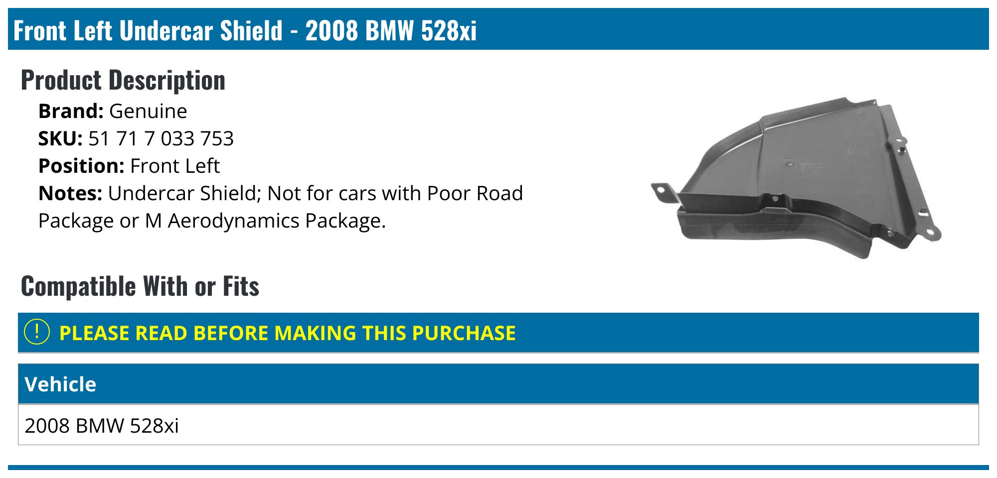 2008 BMW 528xi Lower Engine Cover - Genuine 51 71 7 033 753 - Front ...