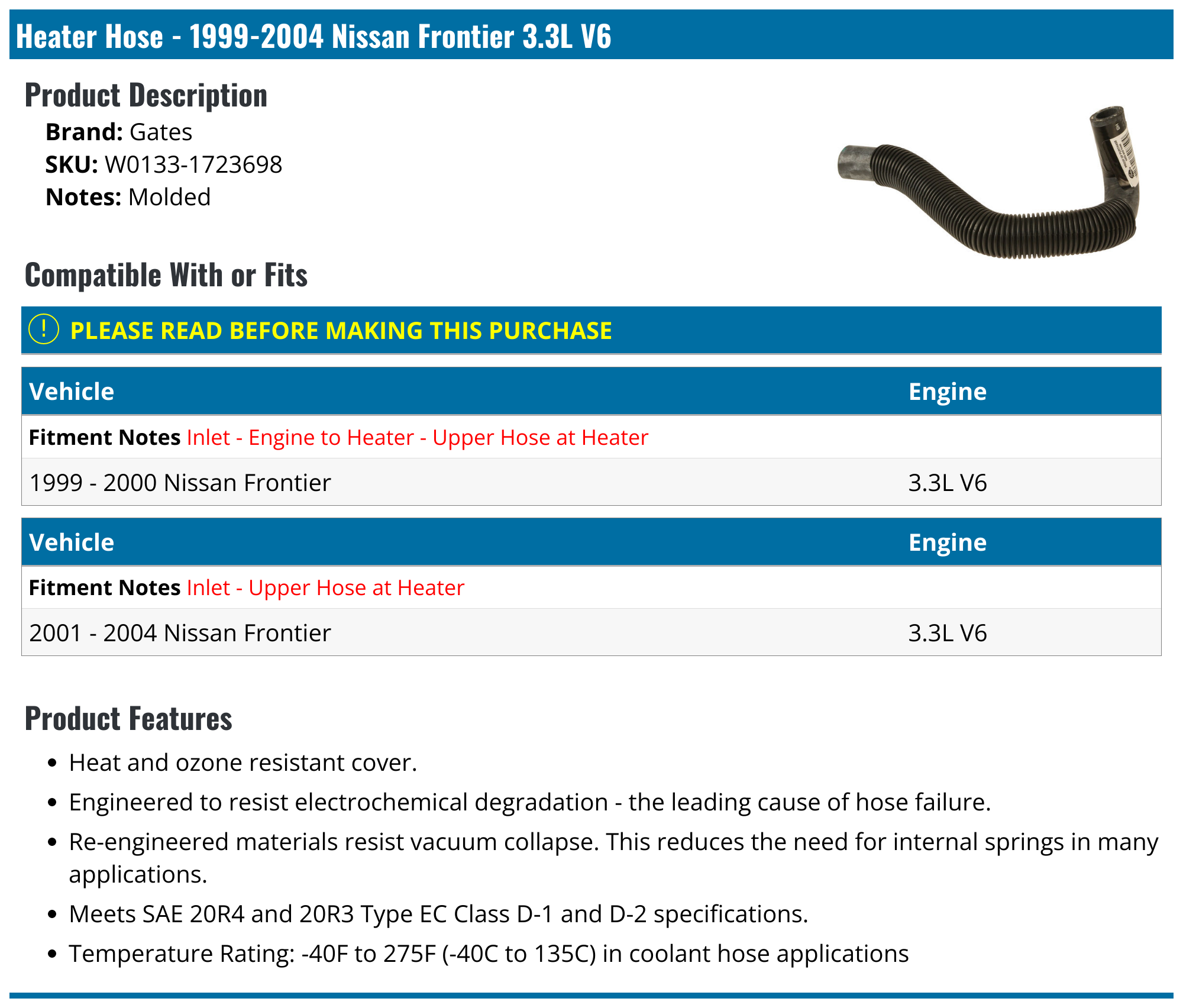19992004 Nissan Frontier Heater Hose Gates W01331723698