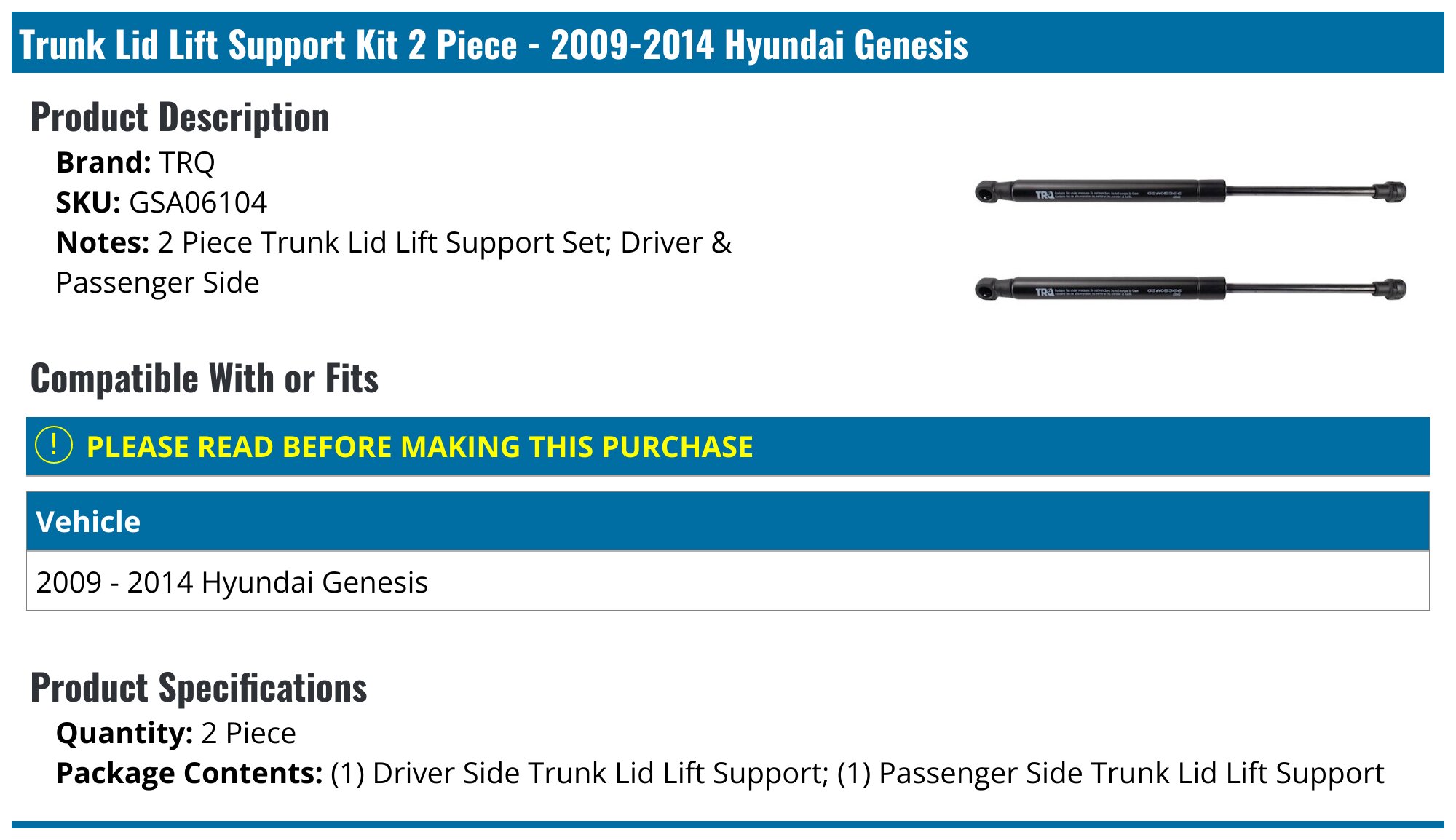 Pair Of Rear Trunk Lift Supports For Hyundai Sonata 2008-2012 - 2 Shocks/Struts 2 thumbnail image
