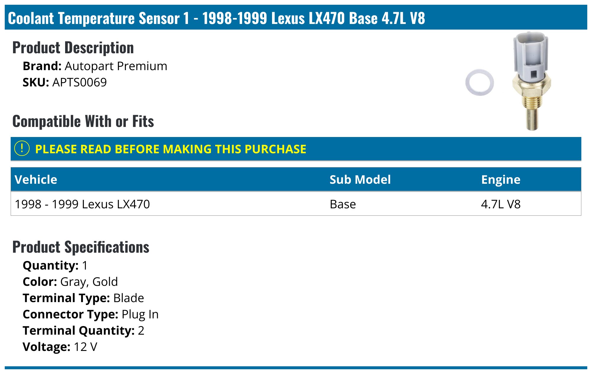1998-1999 Lexus LX470 Engine Coolant Temperature Sensor - Autopart ...