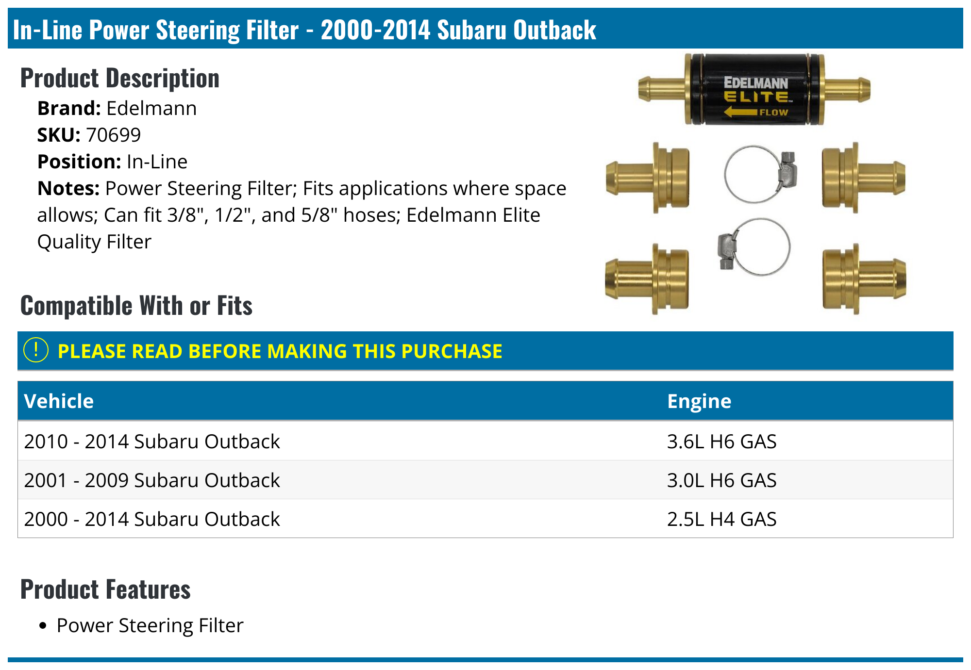 20002014 Subaru Outback Power Steering Filter Edelmann 70699 In