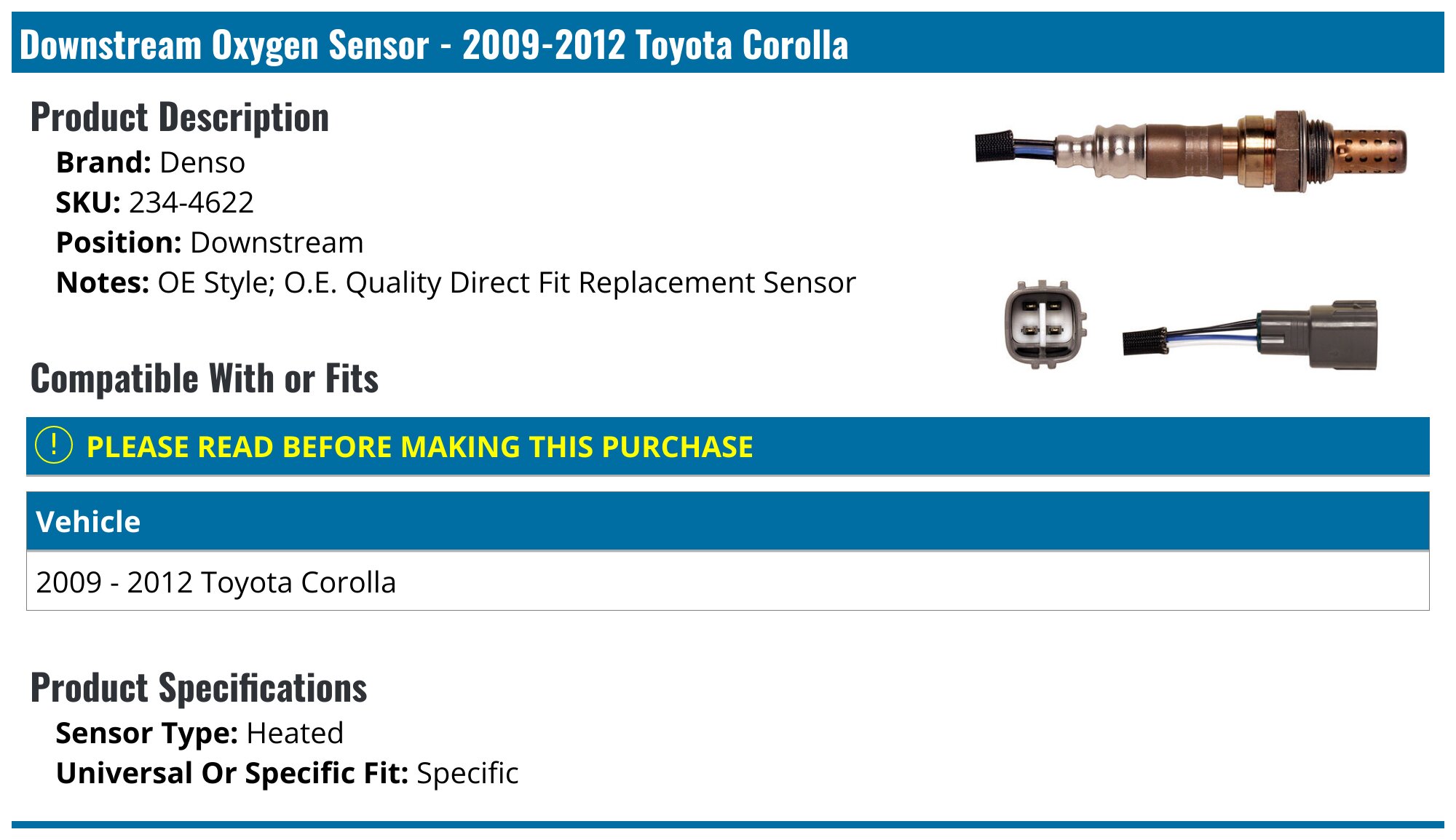 Upstream Air Fuel Ratio O2 Oxygen Sensor For Toyota Corolla Prius – 234-9056, 89467-47010