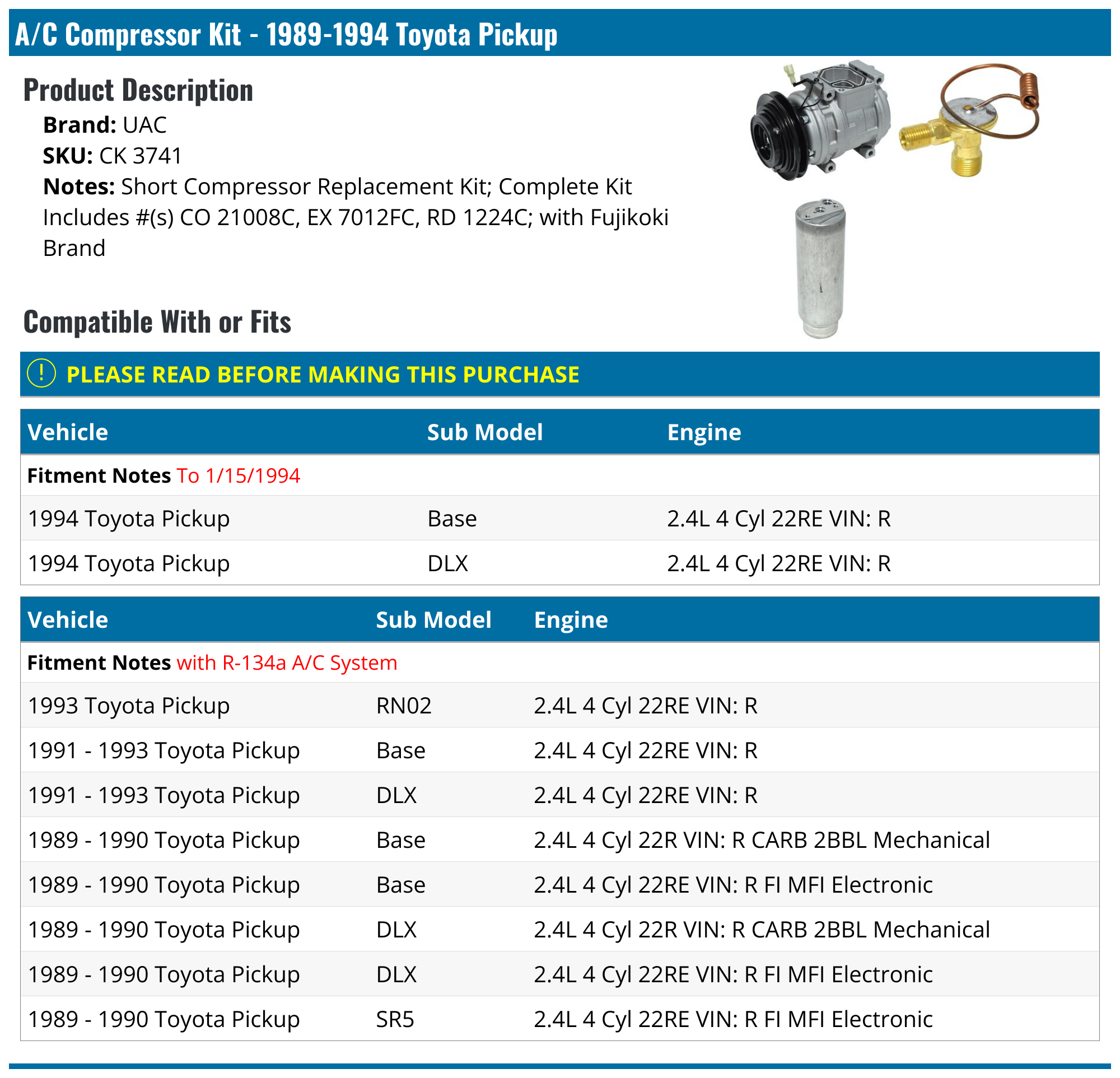 1989-1994 Toyota Pickup A/C Compressor - UAC CK 3741 - PartsGeek.com