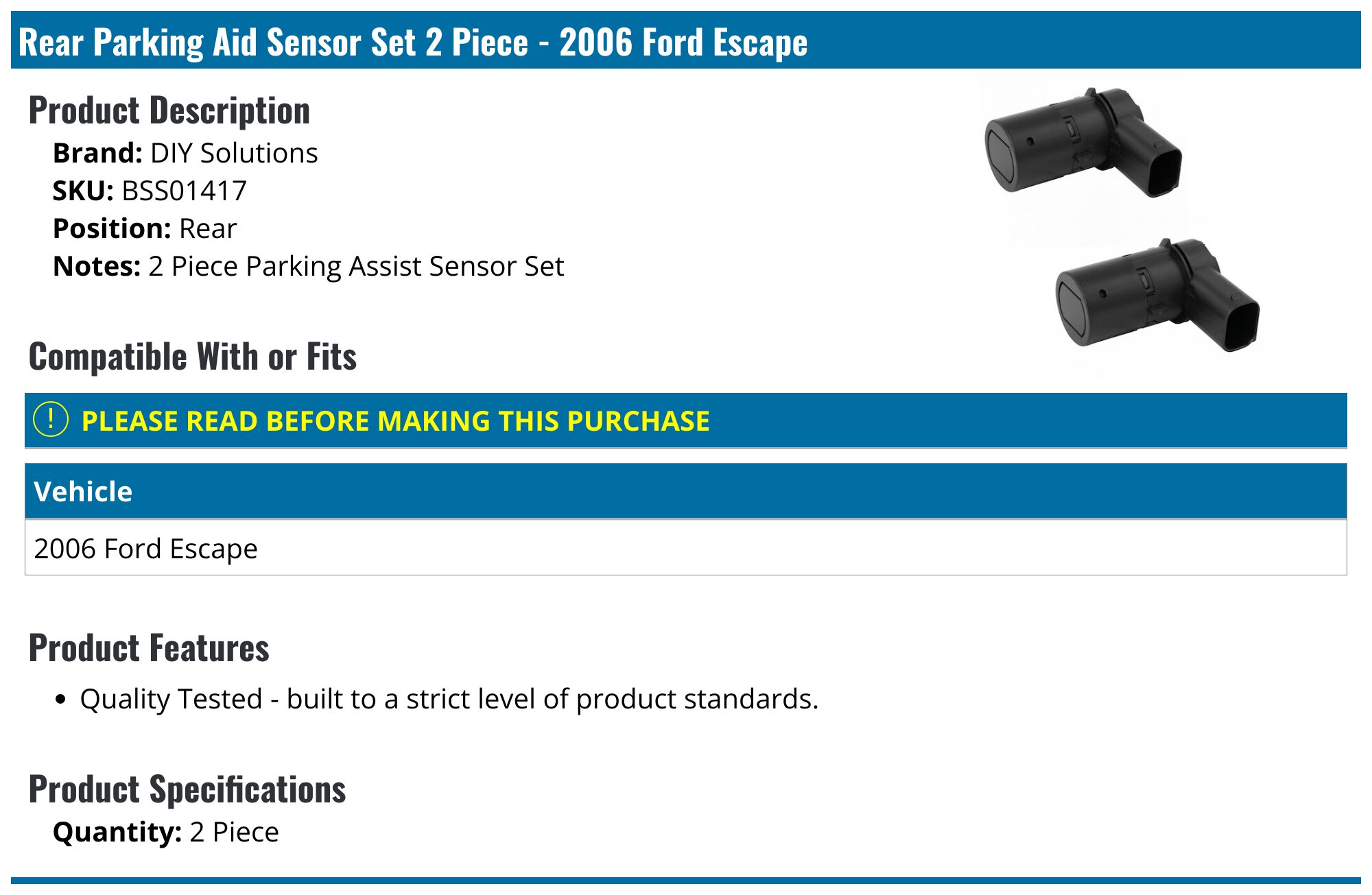 2006 Ford Escape Parking Aid Sensor DIY Solutions BSS01417 Rear