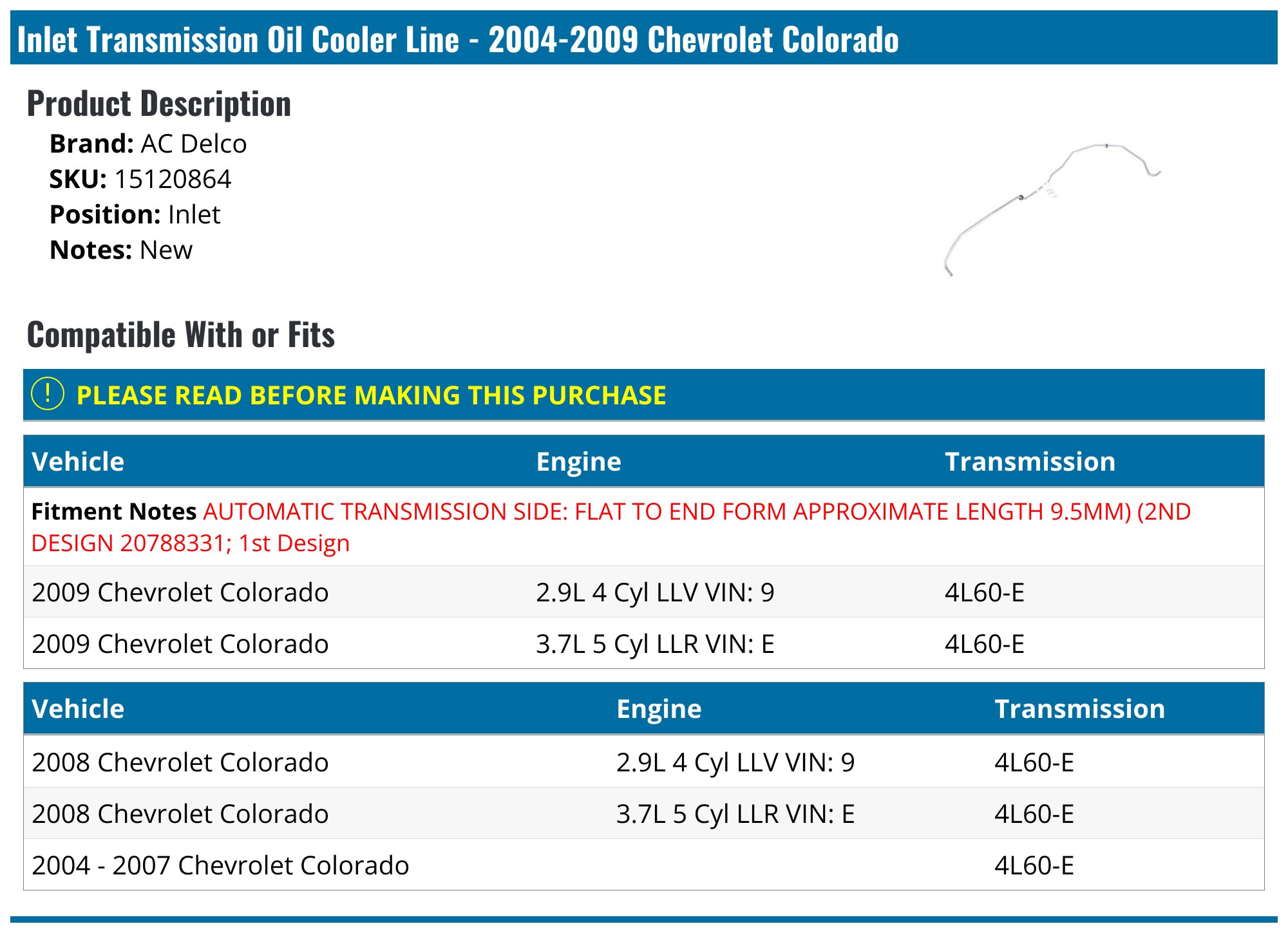 A-Premium Transmission Oil Cooler Line Hose For Chevrolet Colorado & GMC Canyon 2004-2009 – Inlet Driver Side