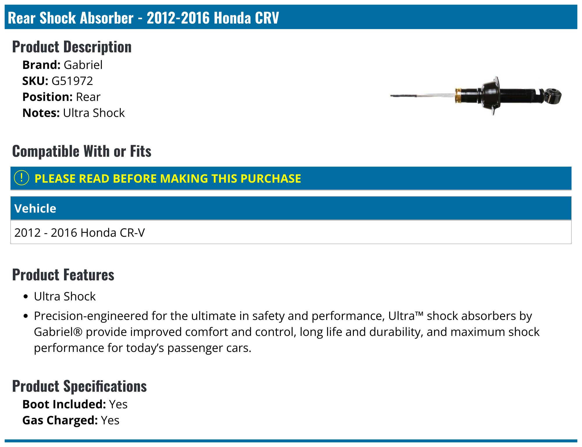 20122016 Honda CRV Shock Absorber Gabriel G51972 Rear