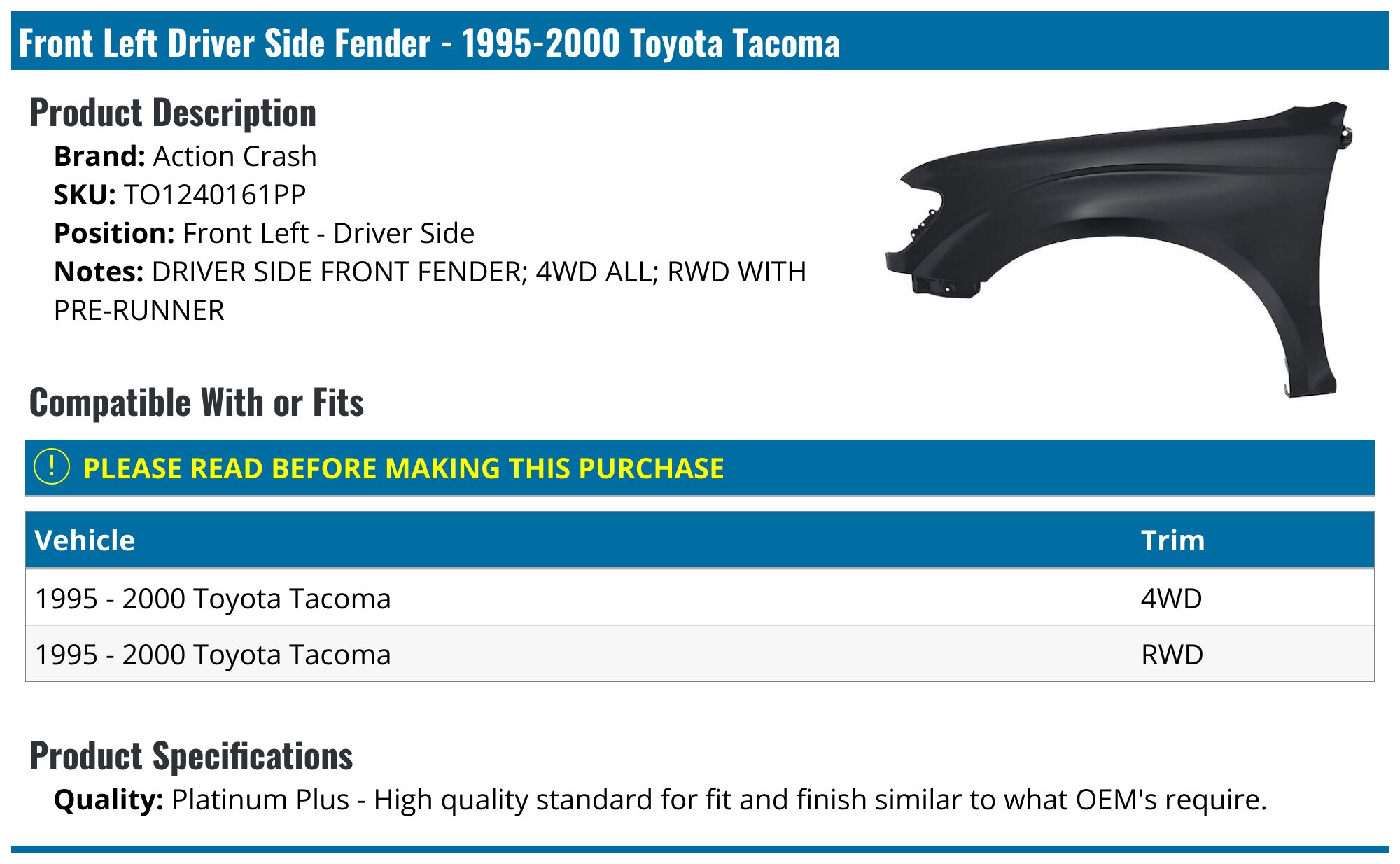 Front Right Passenger Side Fender Liner For 1995-2000 Toyota Tacoma – TO1249110