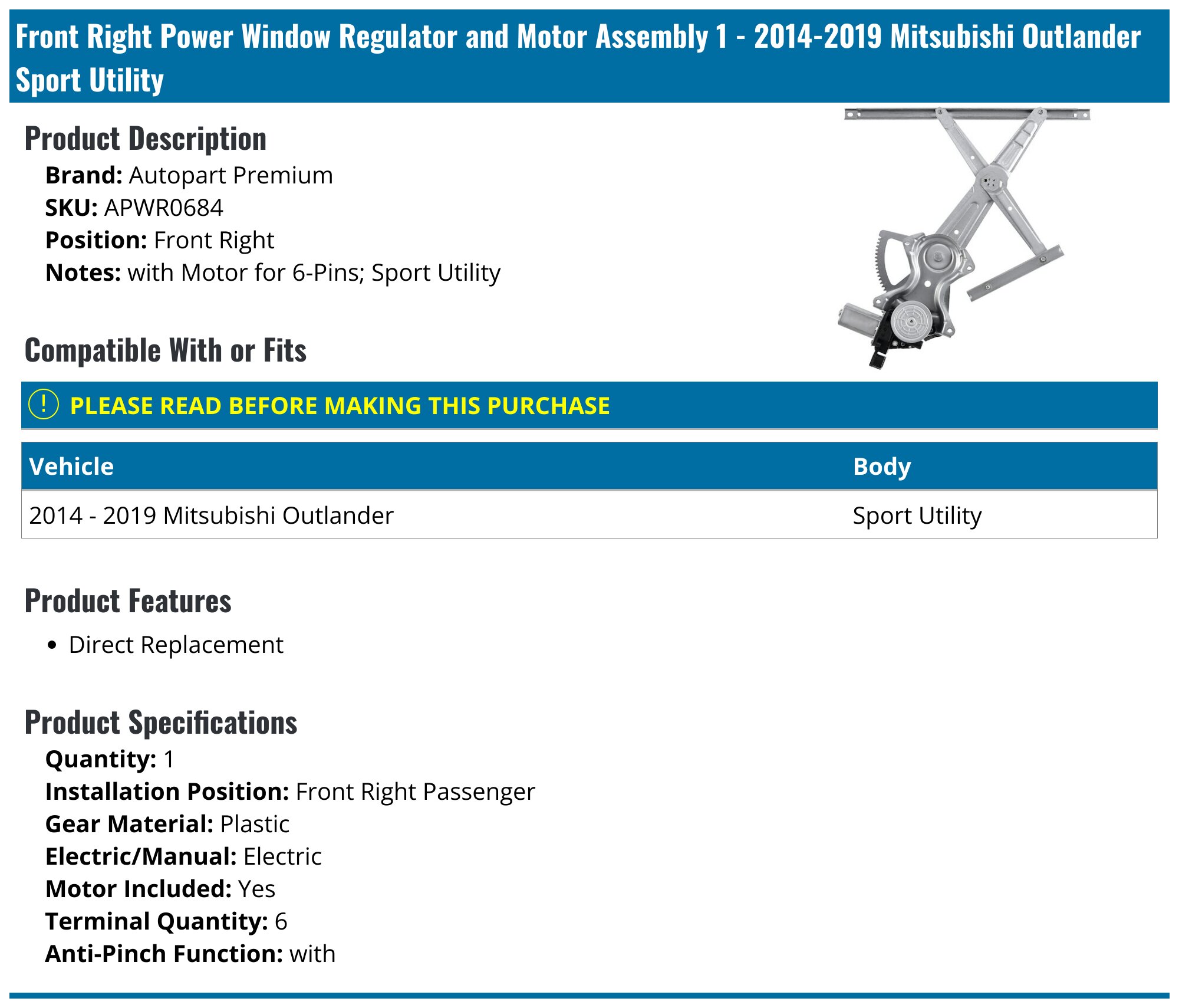 Power Window Regulator With Motor For 2014-2019 Mitsubishi Outlander Front Right