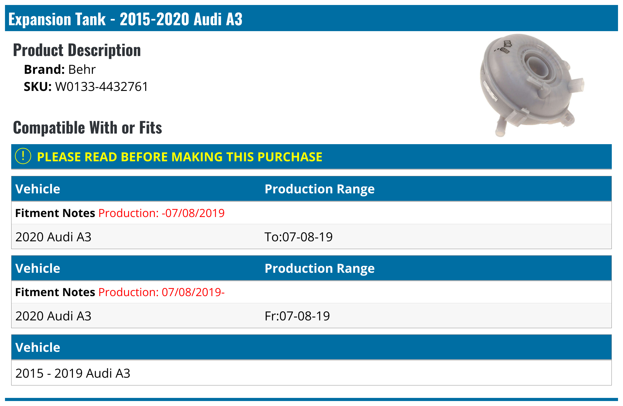 20152020 Audi A3 Expansion Tank Behr W01334432761
