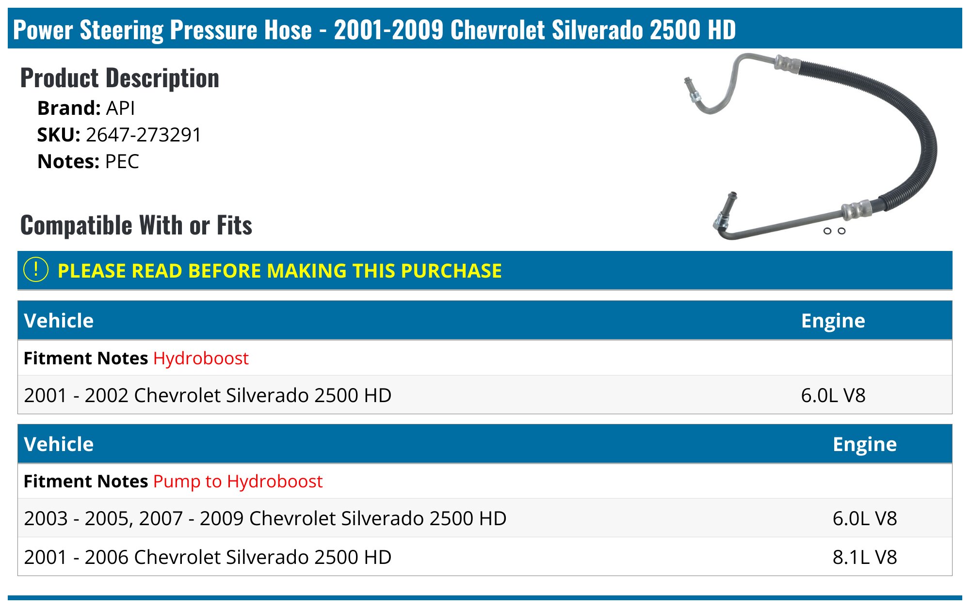 Hydroboost Power Steering Hoses For Chevrolet Silverado 2500HD 2001-2010 6.0L & 8.1L - Replacement Set