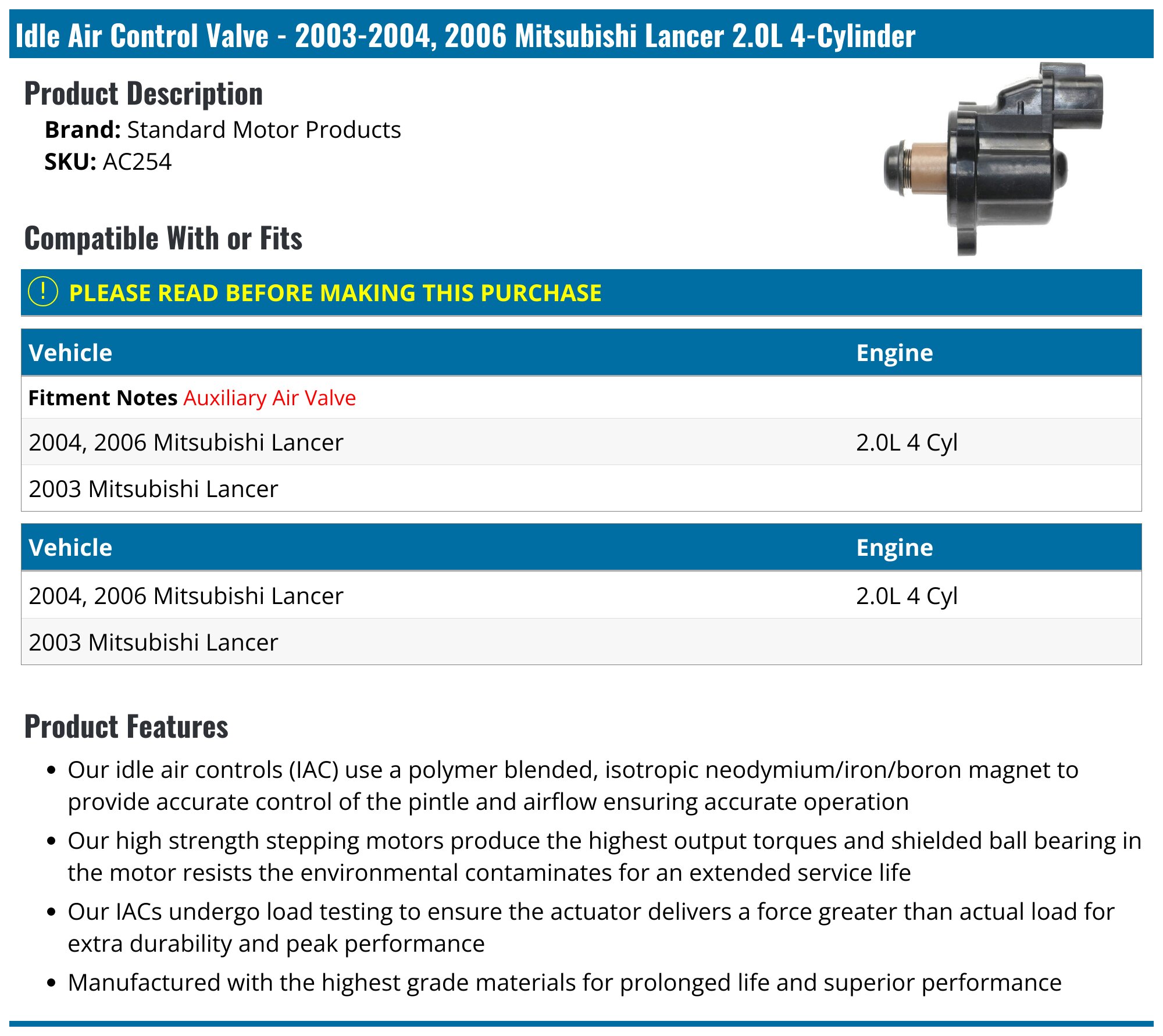 Ax000026 2003-2004, 2006 Mitsubishi Lancer Auxiliary Air Valve - Standard Motor ...