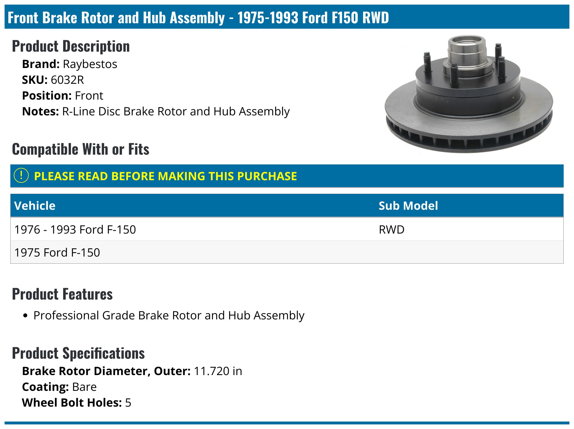 19751993 Ford F150 Brake Rotor and Hub Assembly Raybestos 6032R