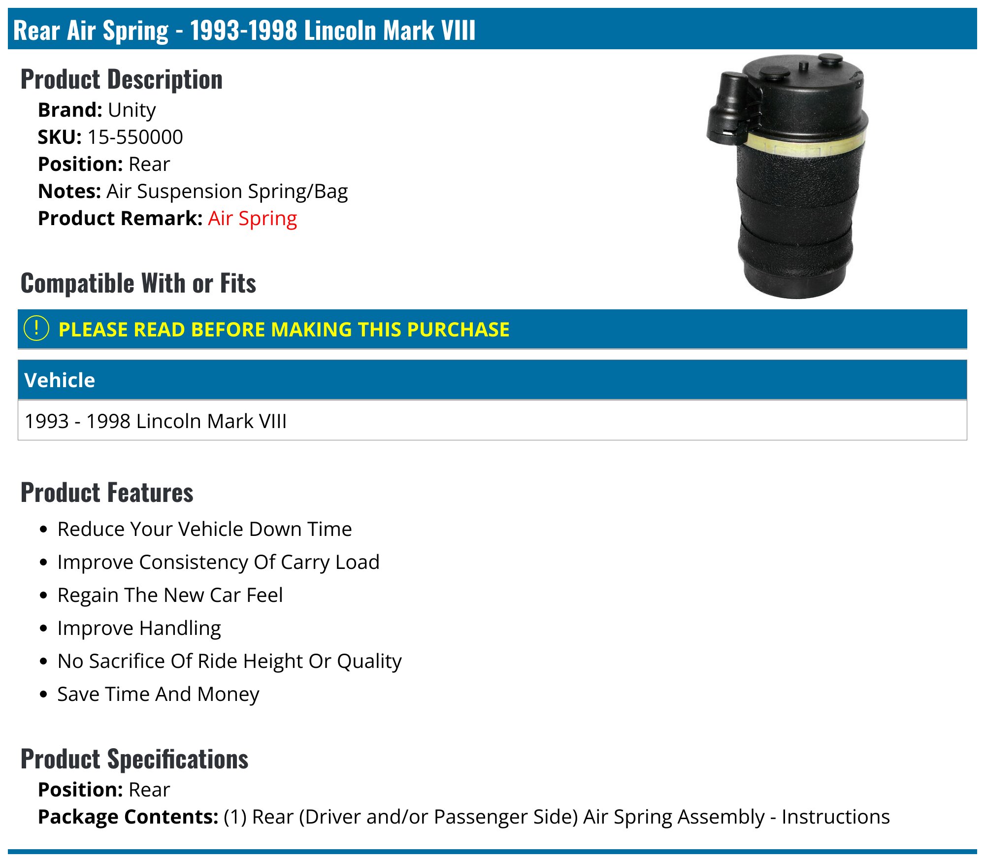 1993-1998 Lincoln Mark VIII Air Spring