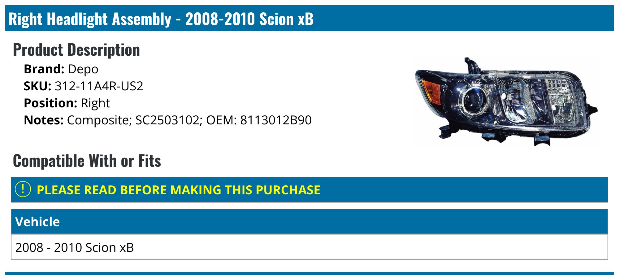 DEPO 336-1115R-AS Replacement Passenger Side Headlight