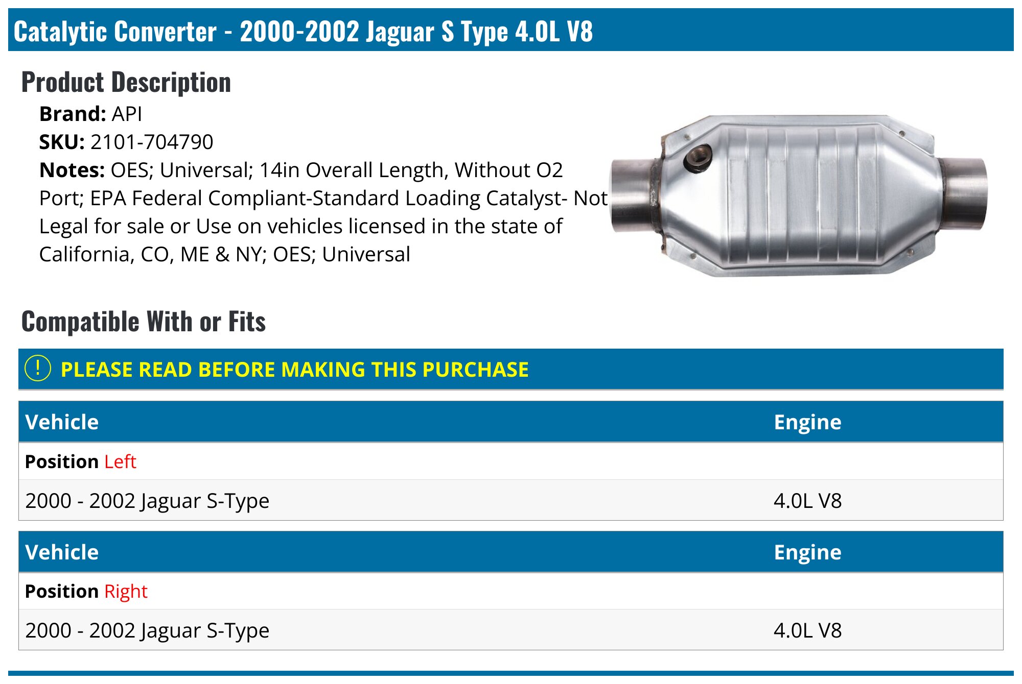20002002 Jaguar S Type Catalytic Converter API 54502574549 Left