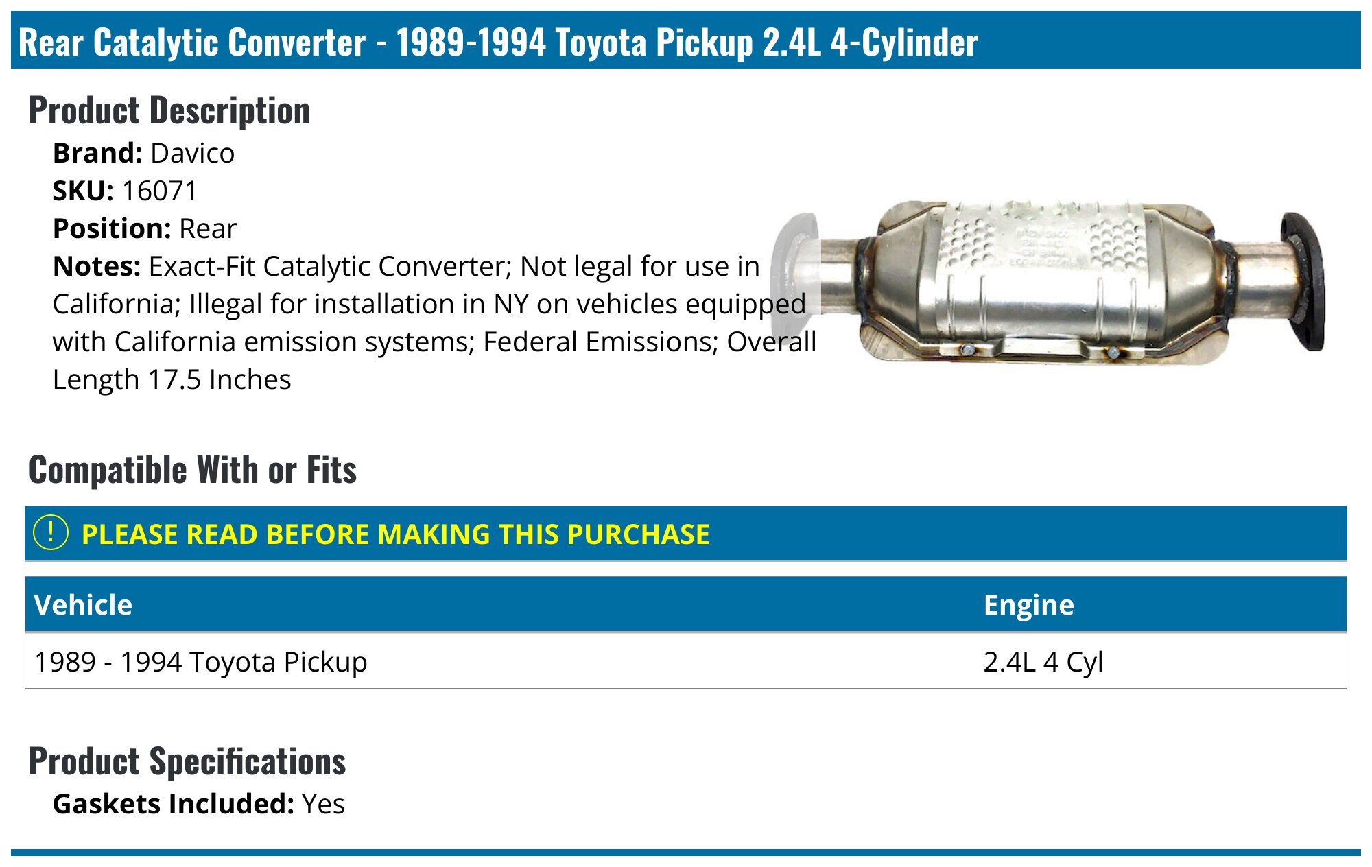 19891994 Toyota Pickup Catalytic Converter Davico 16071 Rear
