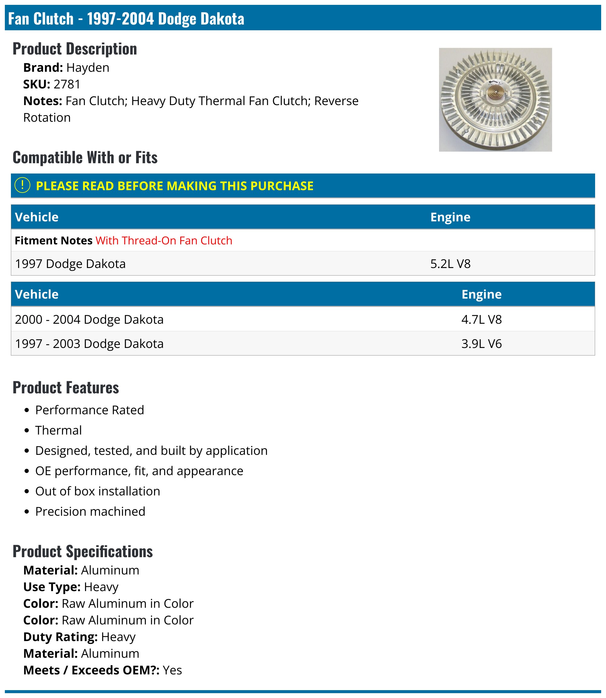 19972004 Dodge Dakota Fan Clutch Hayden 2781