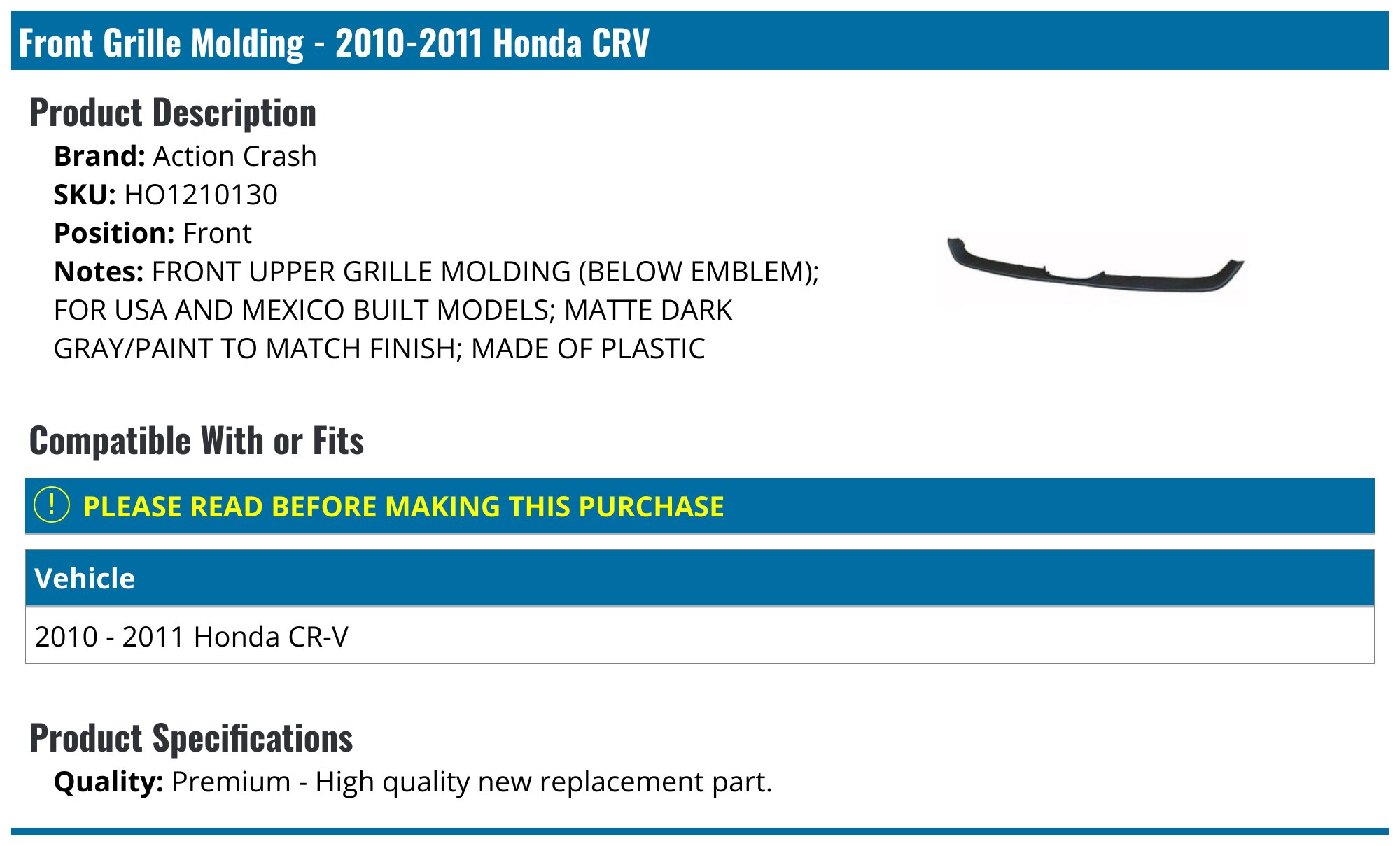 4-Piece Front Bumper Upper/Lower Grille With Molding For Honda CR-V 2010-2011 – Aftermarket Direct Replacement