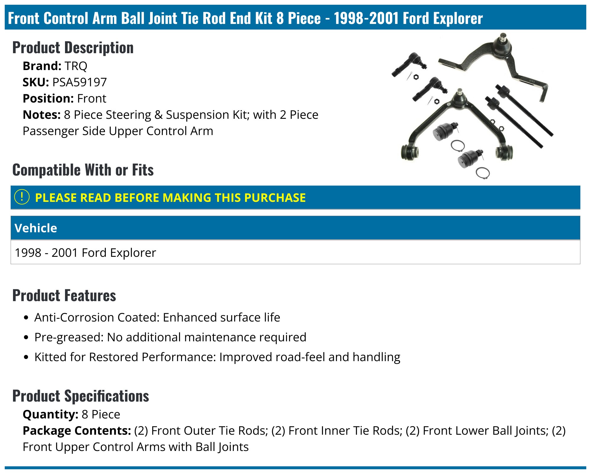 Front Suspension Kit – Control Arms, Ball Joints, Tie Rod Ends – For Ford Explorer 1998-2001