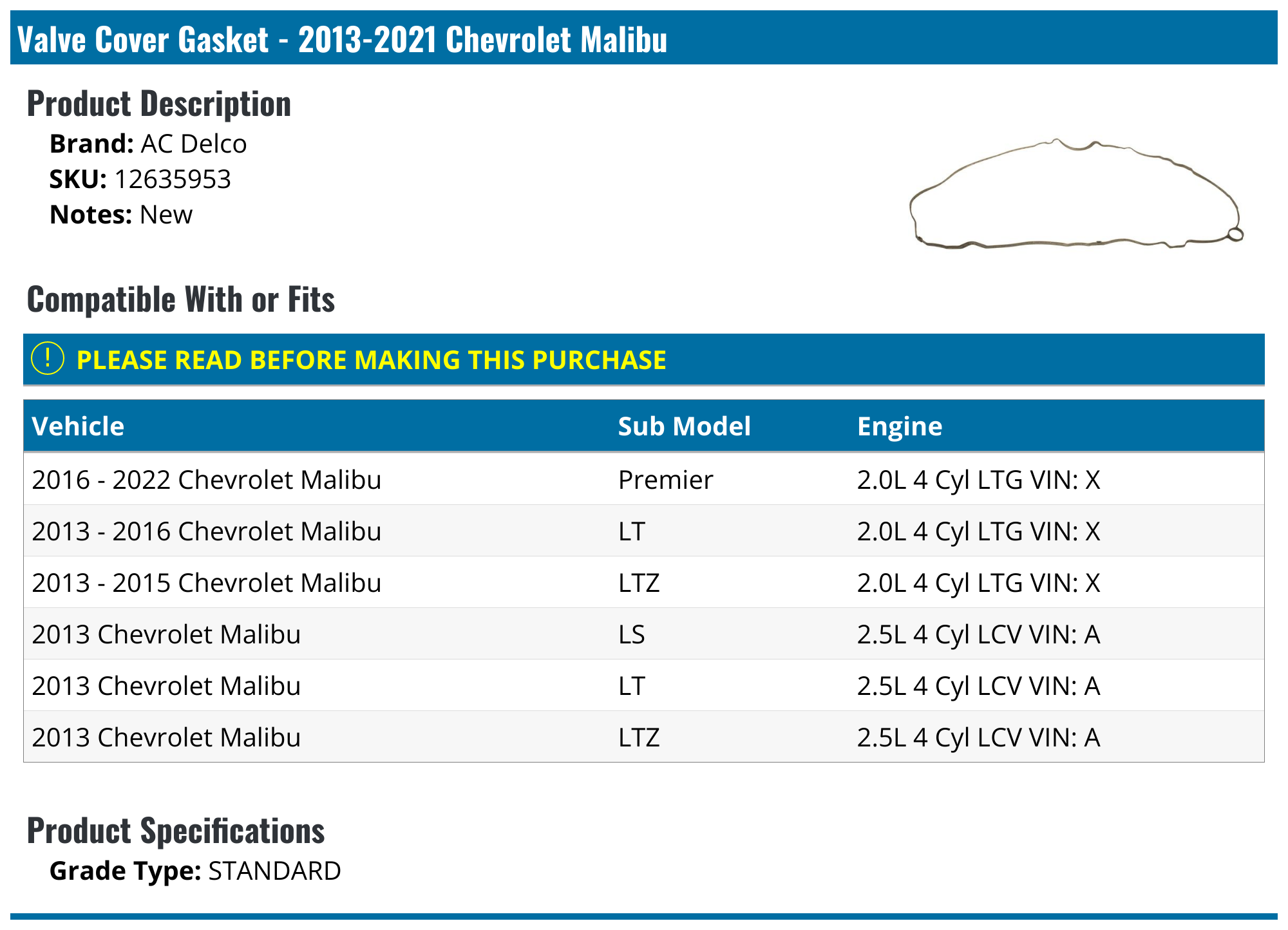 20132022 Chevrolet Malibu Valve Cover Gasket AC Delco 12635953
