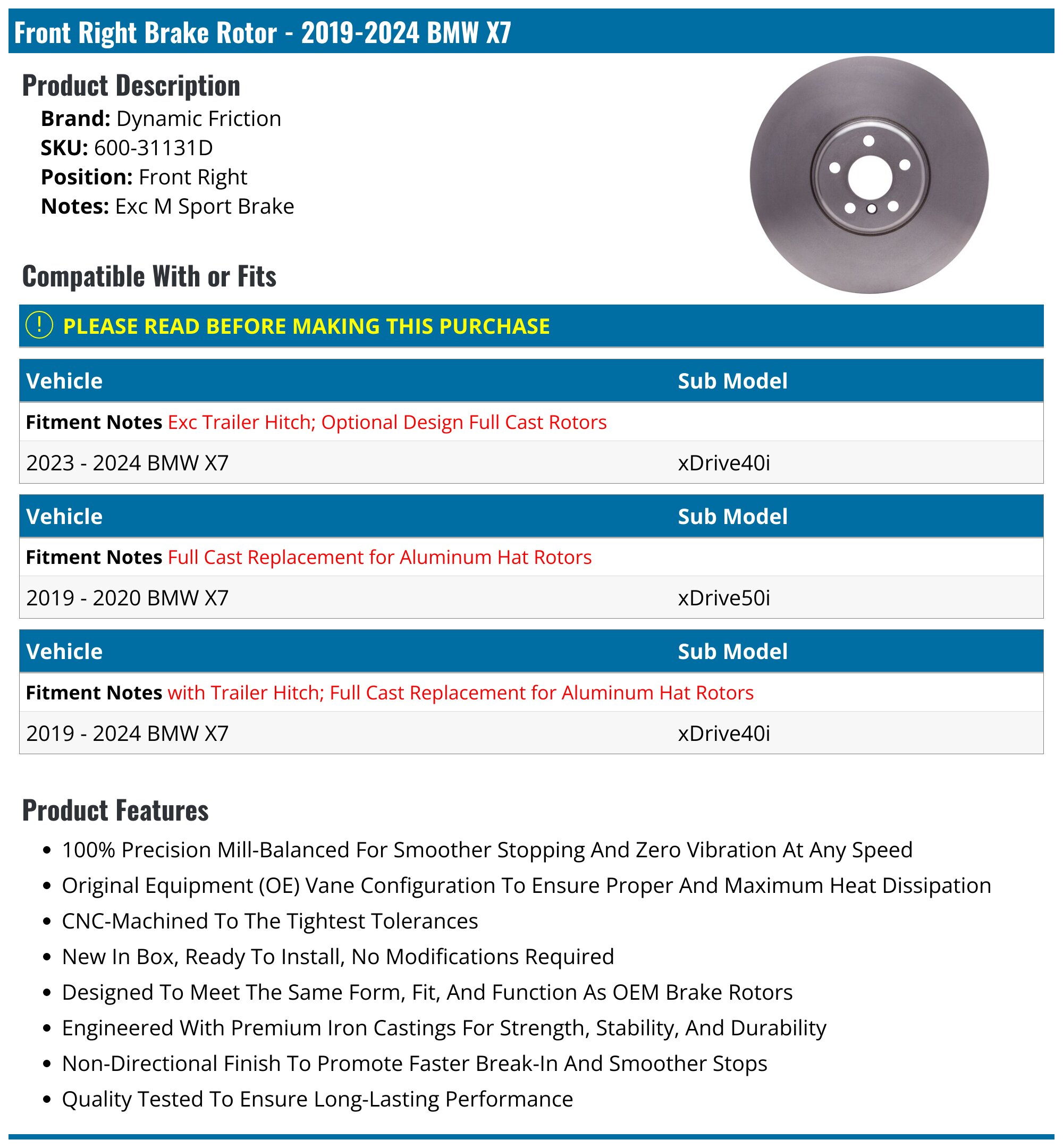 2019-2025 BMW X7 Brake Rotor - Dynamic Friction 600-31131D - Front ...