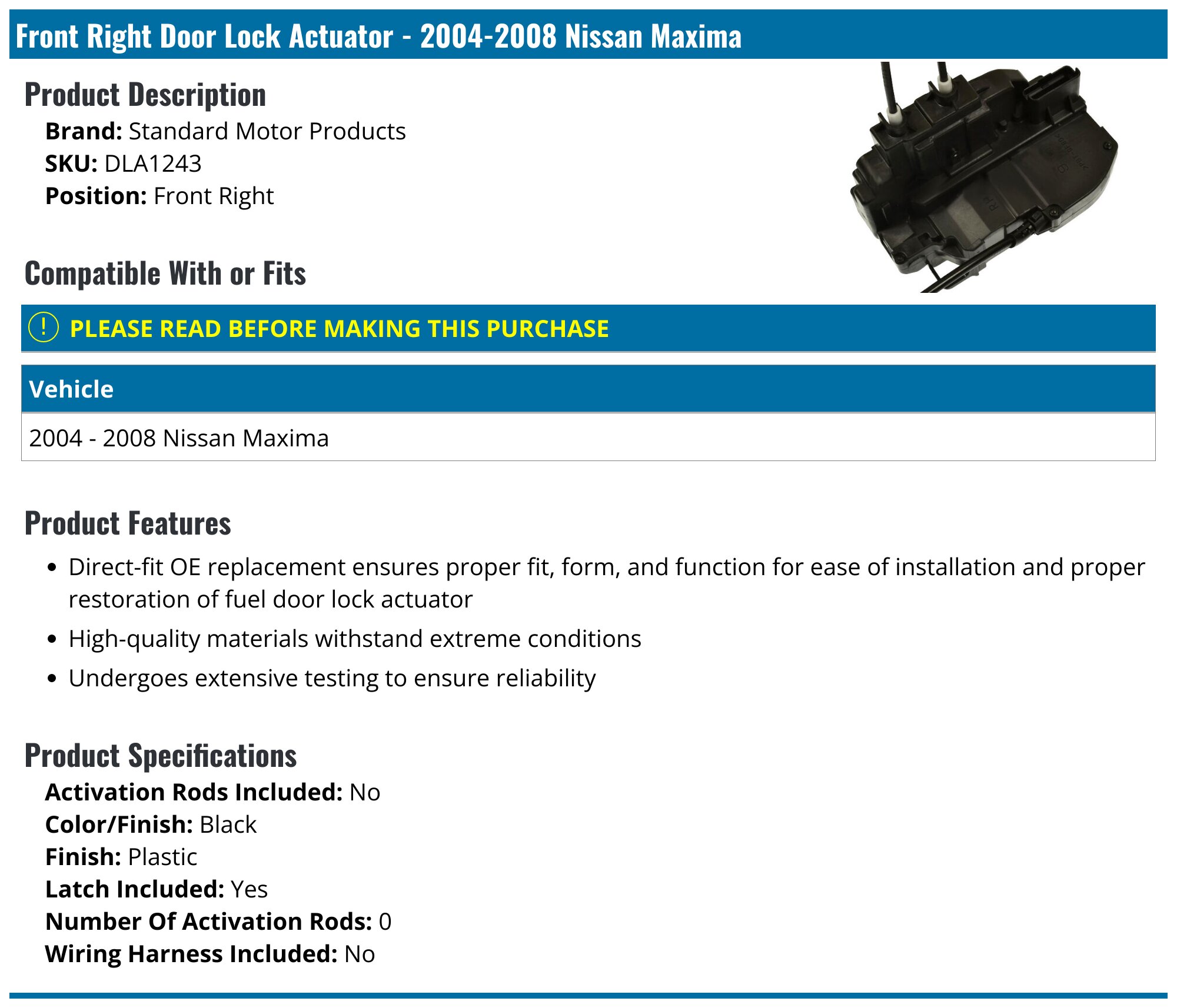 20042008 Nissan Maxima Door Lock Actuator Standard Motor Products