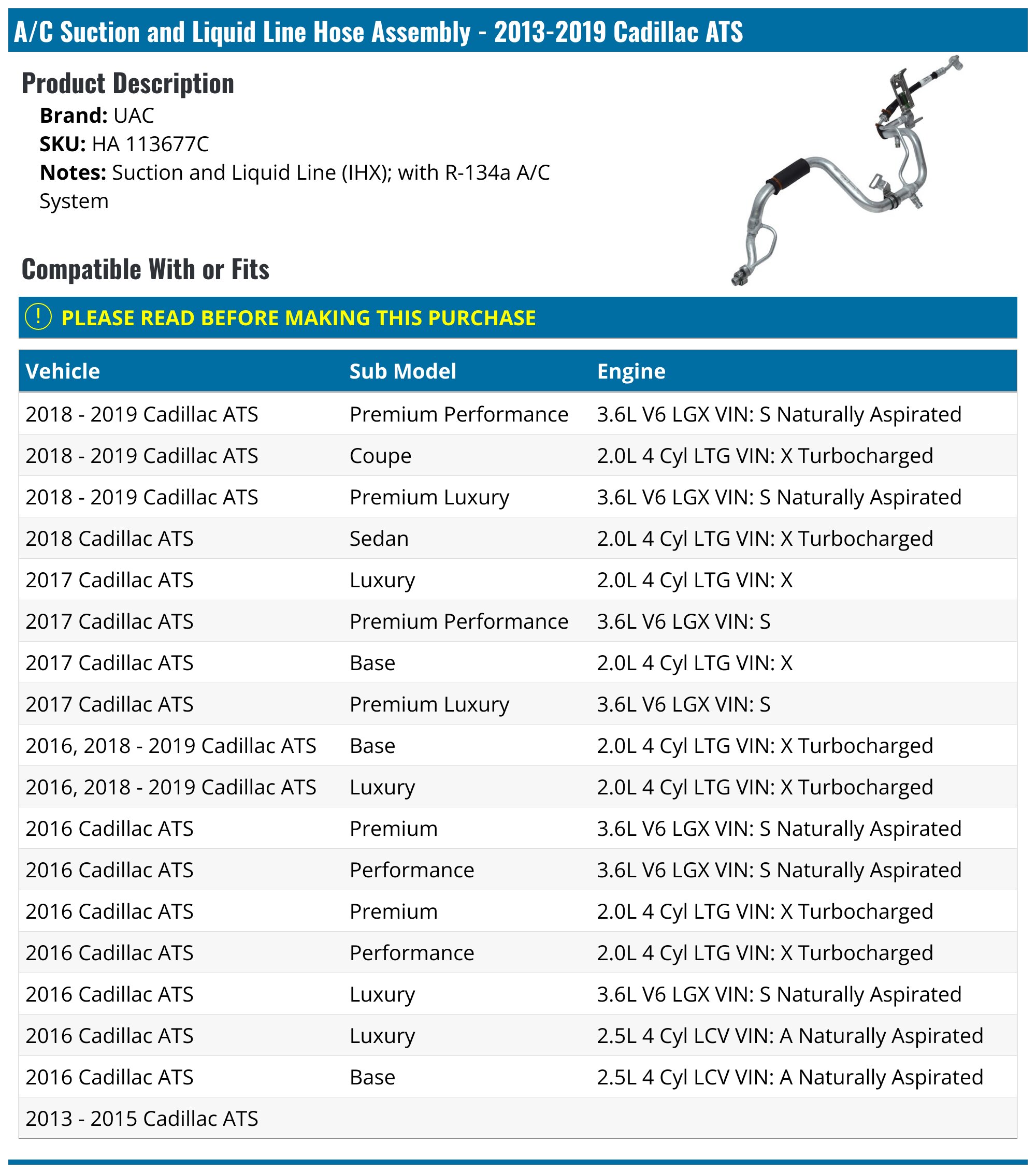 2013-2019 Cadillac ATS A/C Suction and Liquid Line Hose Assembly - UAC ...