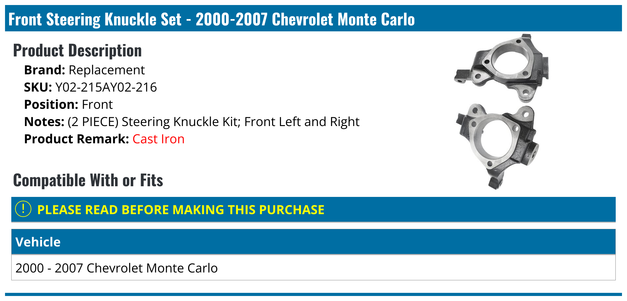 20002007 Chevrolet Monte Carlo Steering Knuckle Replacement Y02
