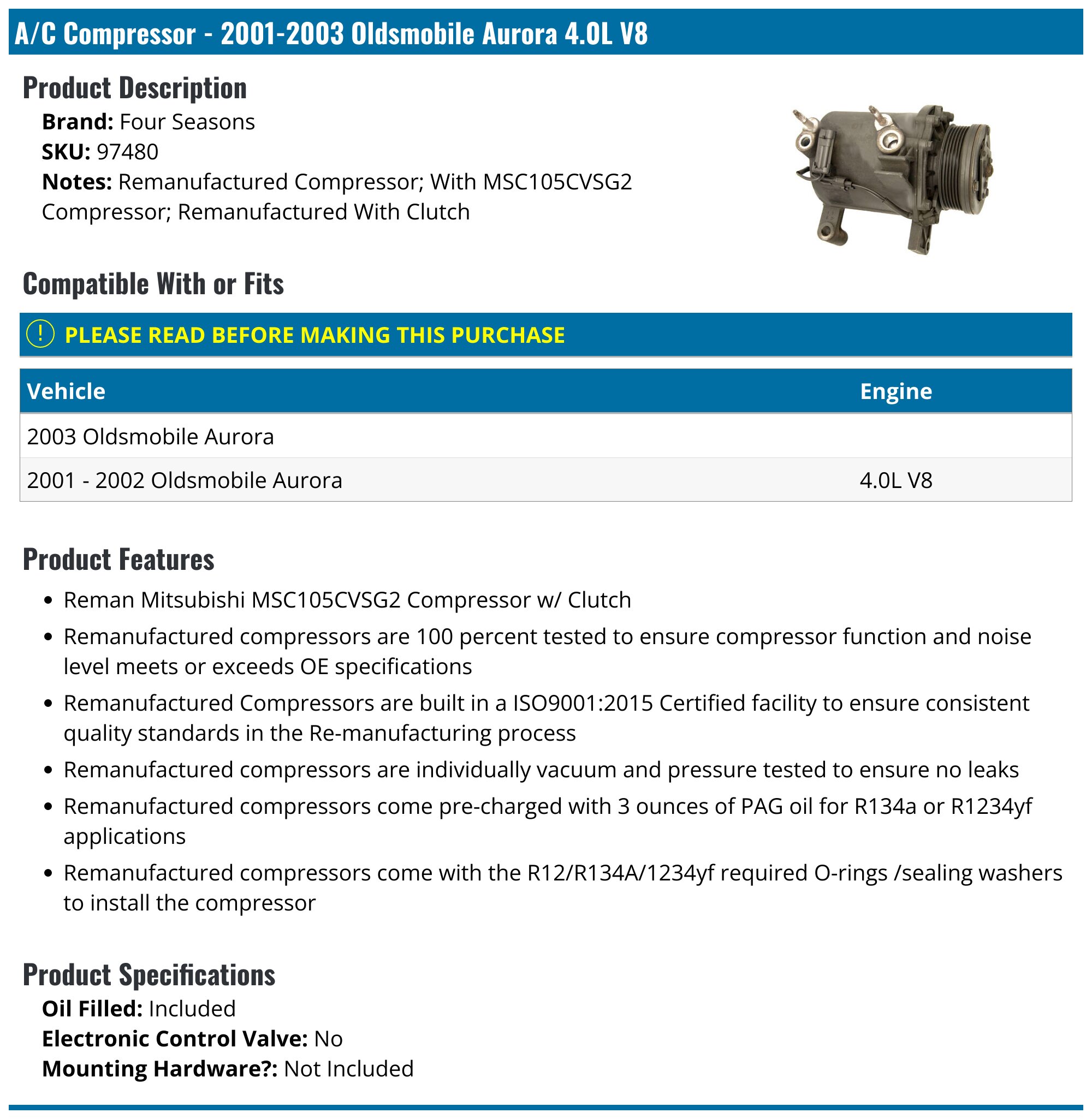 A/C Compressor With Clutch For Oldsmobile Aurora 4.0L 1995-1999 | HD6 Type | PAG100 Oil | R-134a Refrigerant