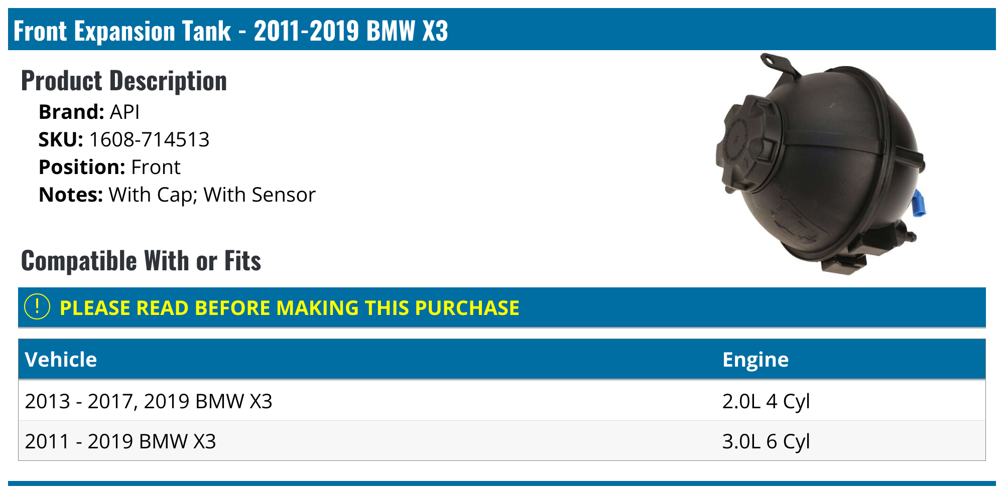 20112019 BMW X3 Expansion Tank API 9702302249935 Front
