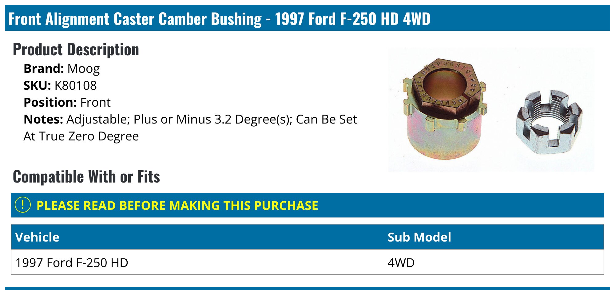 MOOG K8969 Alignment Bushing - Caster/Camber For Ford F-250 Super Duty