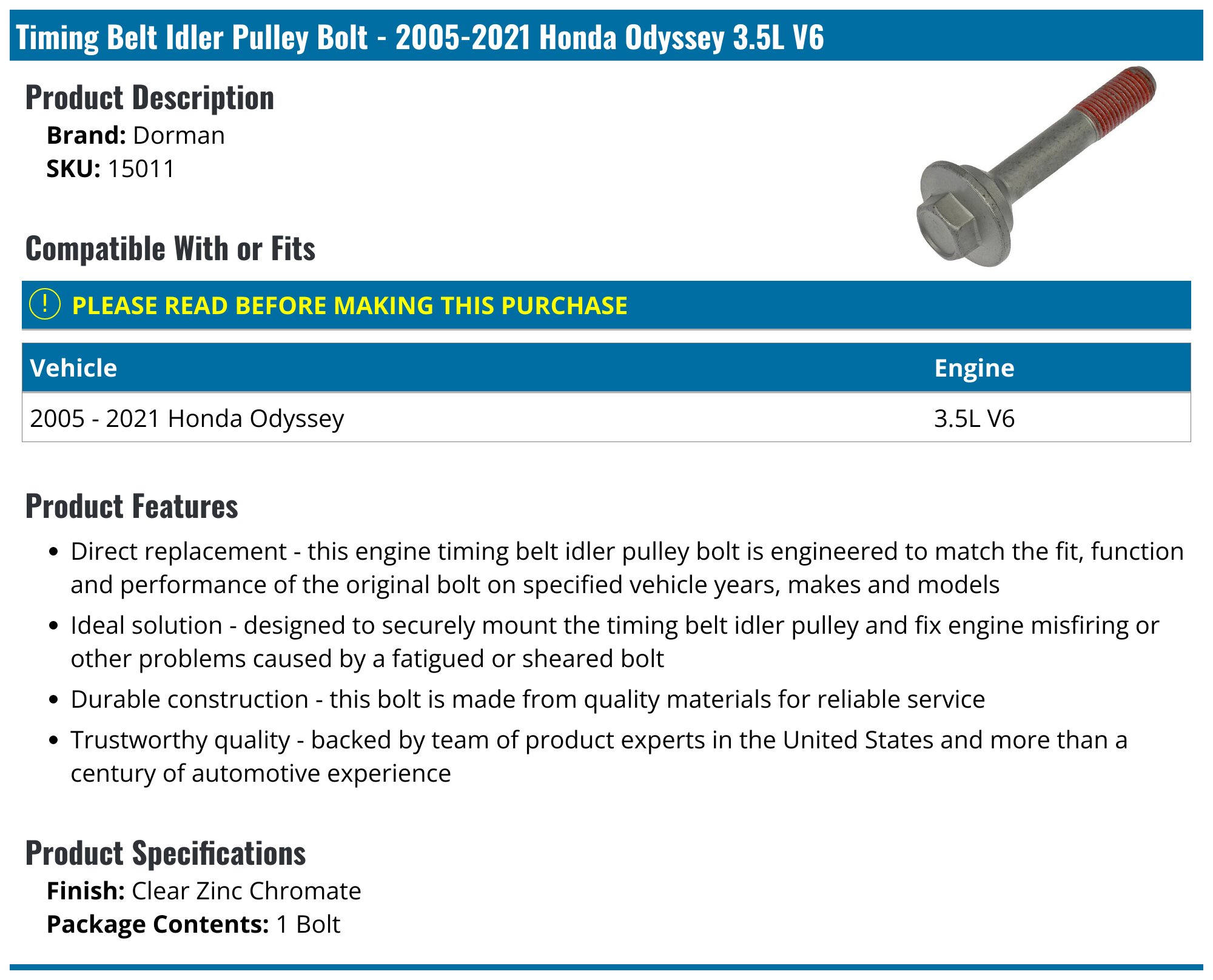 Timing Belt Idler Pulley Bolt For Honda/Acura V6 3.5L Engine (2003-2021 Accord, Odyssey, MDX, Pilot, TL, Etc.)