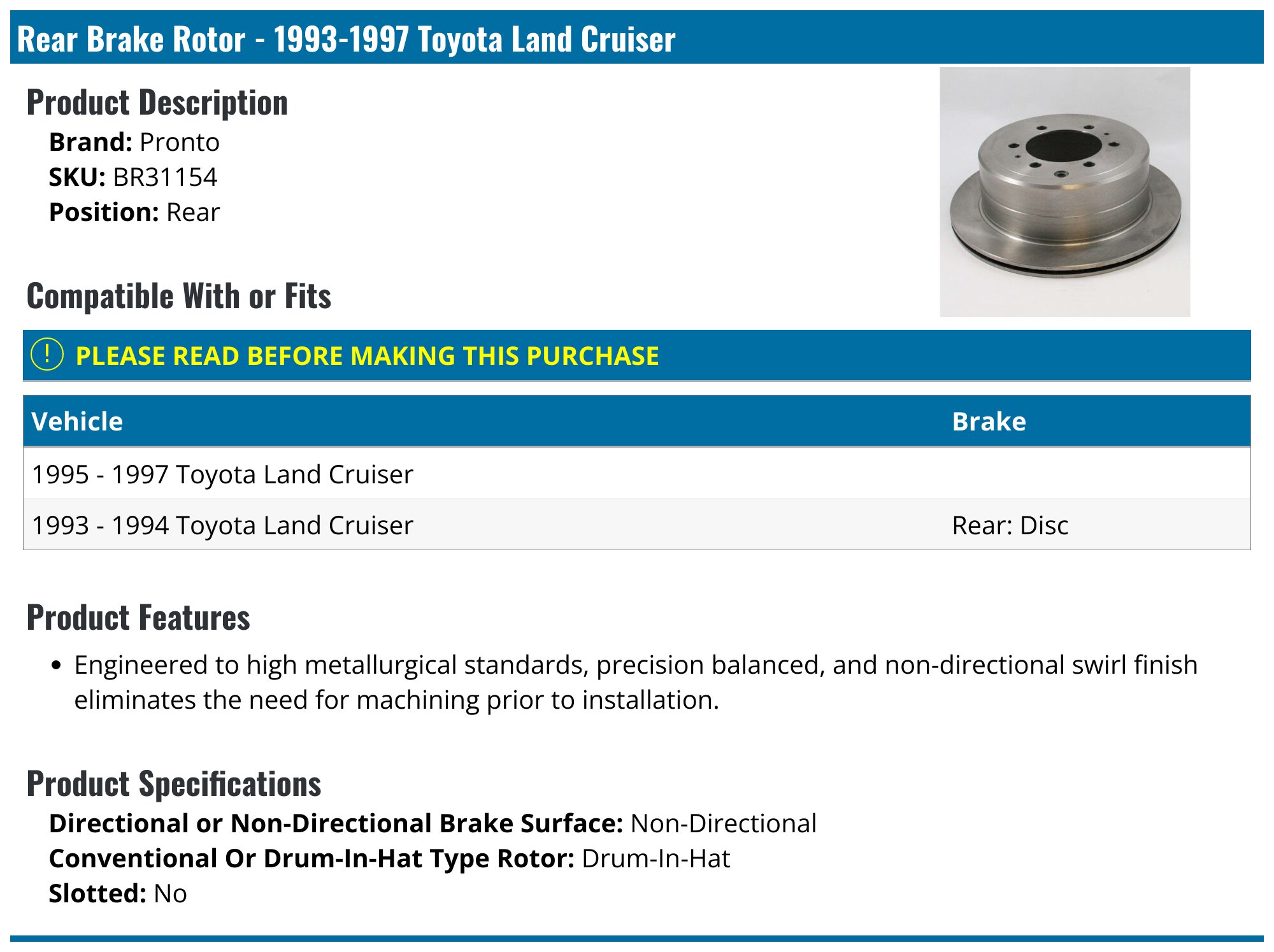 1993-1997 Toyota Land Cruiser Brake Rotor - Pronto BR31154 - Rear