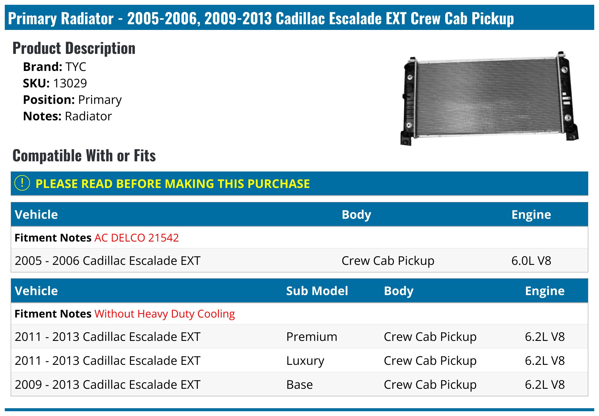 2005-2006, 2009-2013 Cadillac Escalade EXT Radiator - TYC 13029 ...
