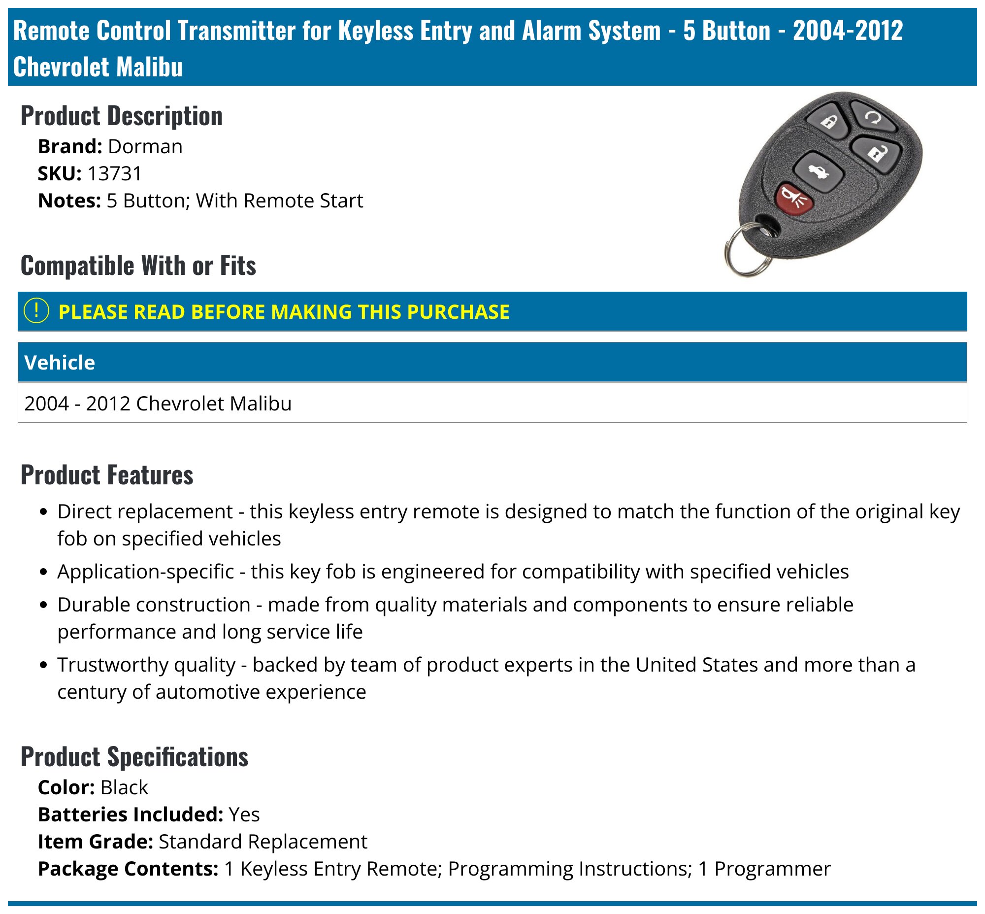2009 Chevy alibu Key Fob Aazon.co