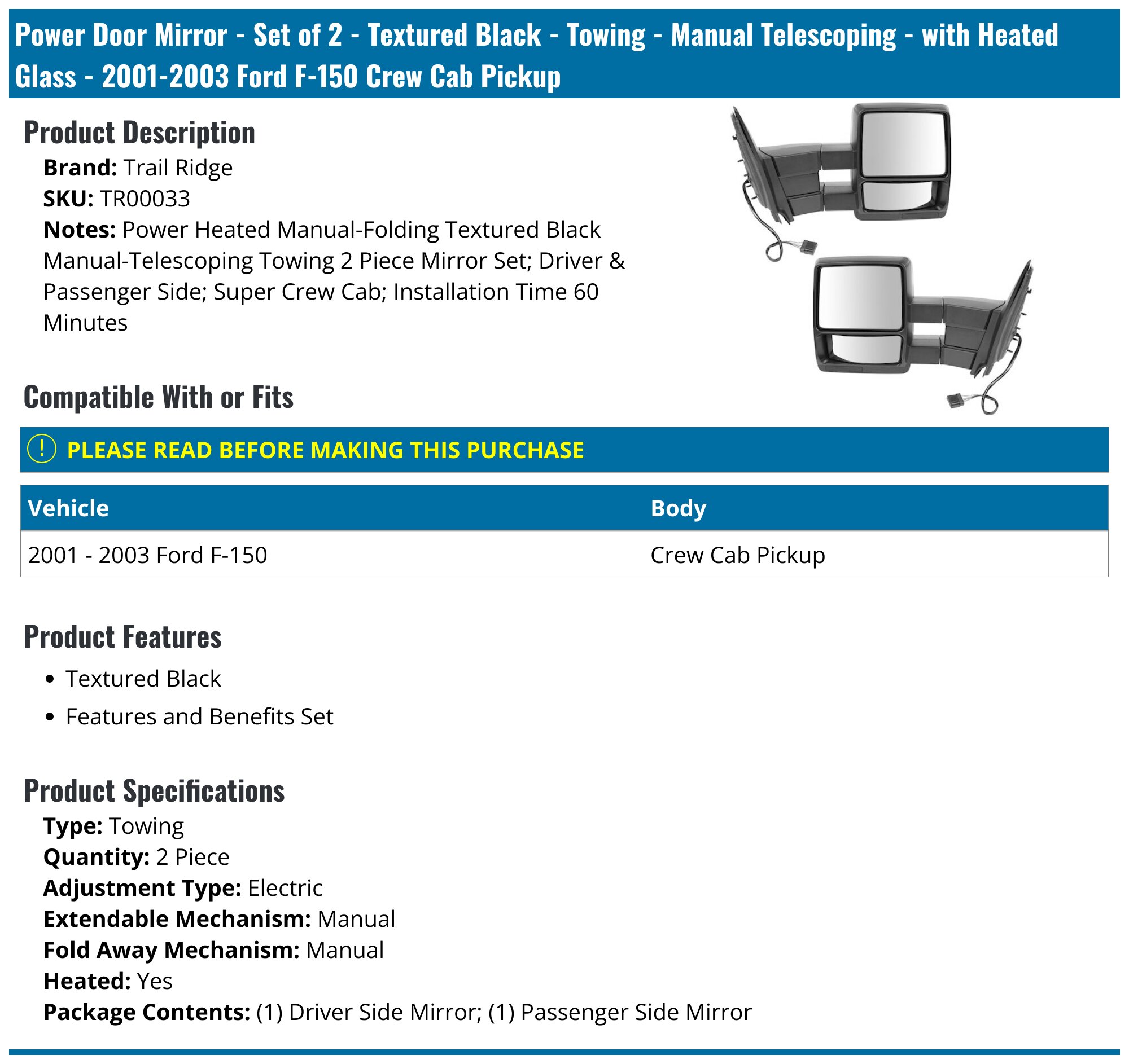 Driver Side Mirror Outside Rear View For Ford F-150 2004-2008