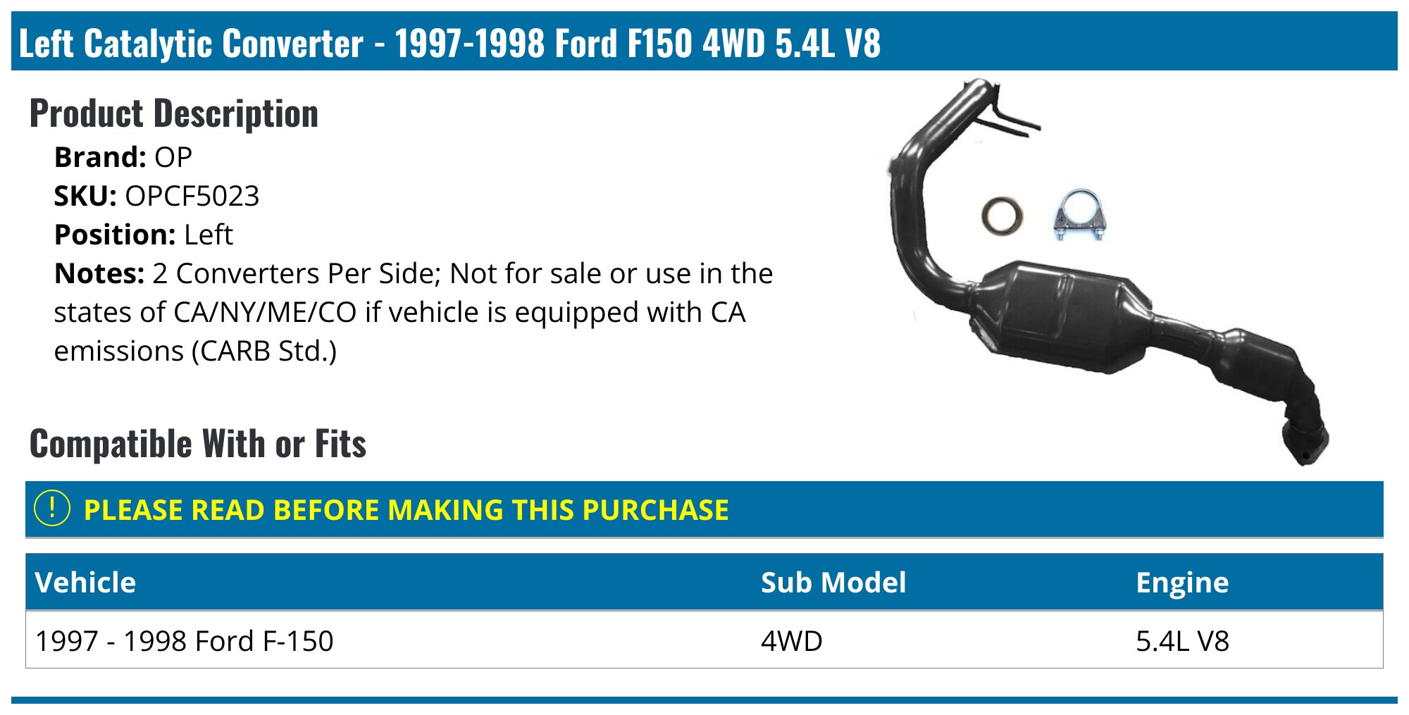 Direct Fit Catalytic Converter Set For Ford F-150 1999-2003 & F-250 1999 – 5.4L V8 4WD Only