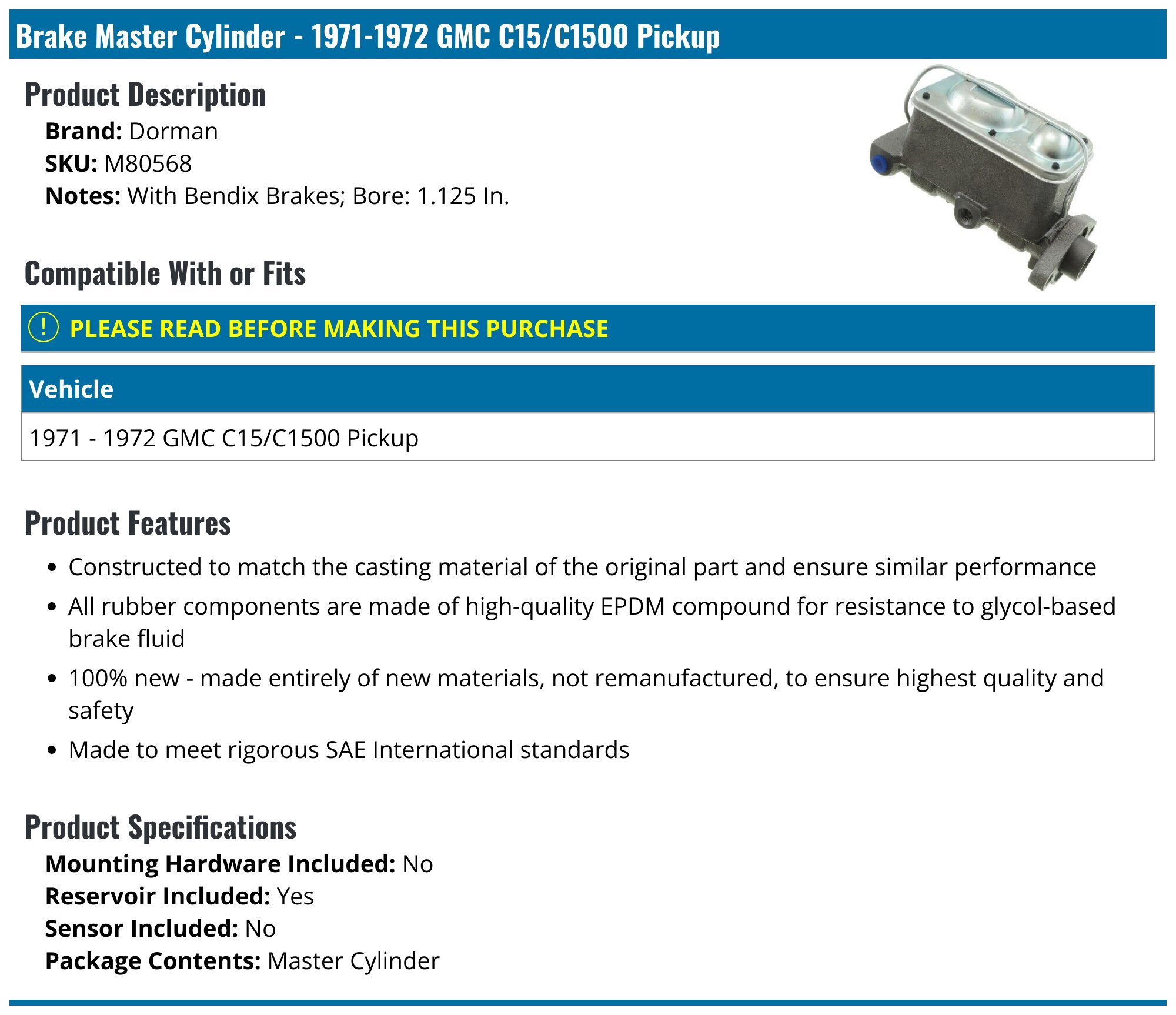 1971-1972 GMC C15/C1500 Pickup Brake Master Cylinder - Dorman M80568 ...