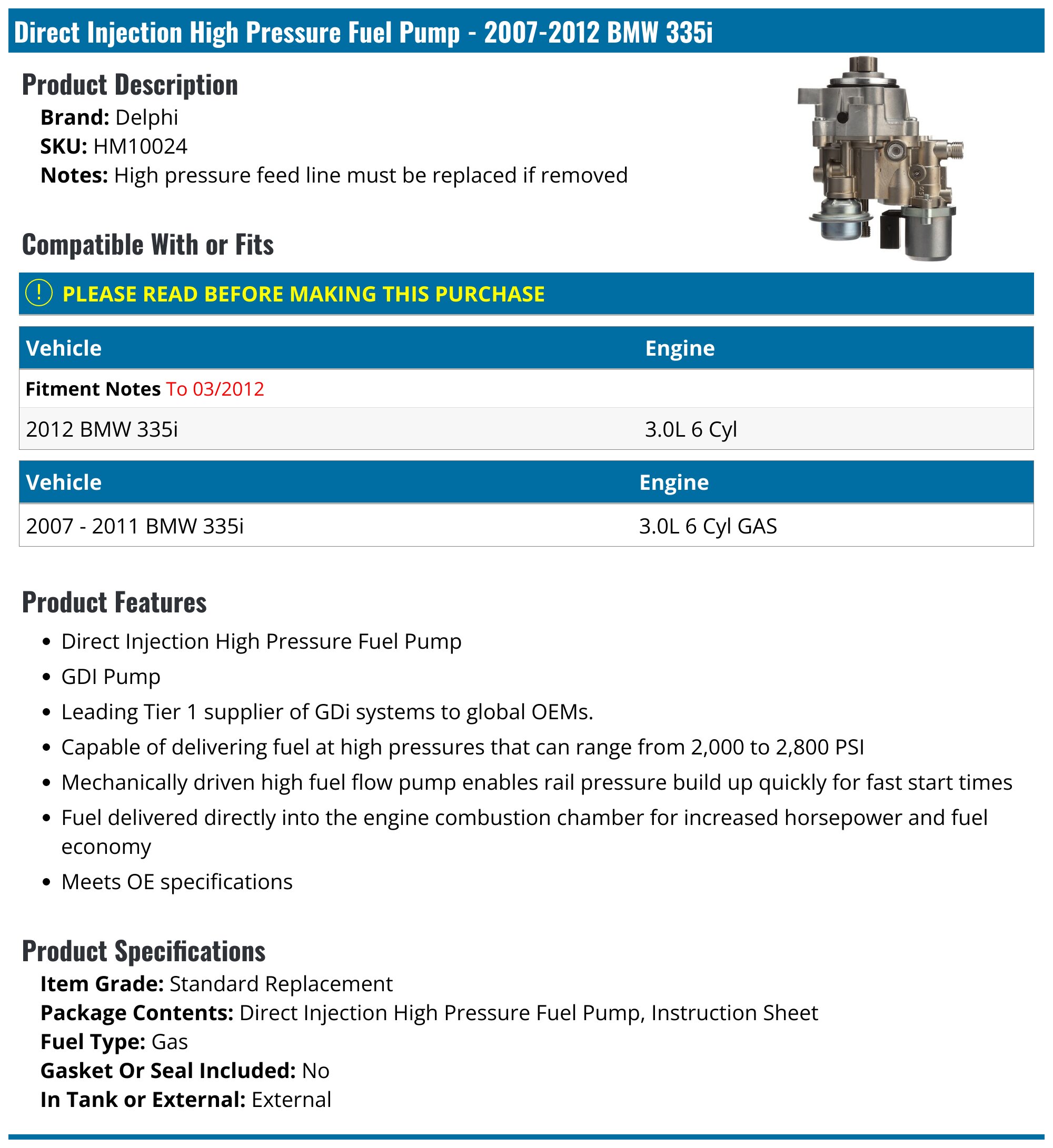 2007-2012 BMW 335i Fuel Pump - Delphi HM10024 - PartsGeek.com