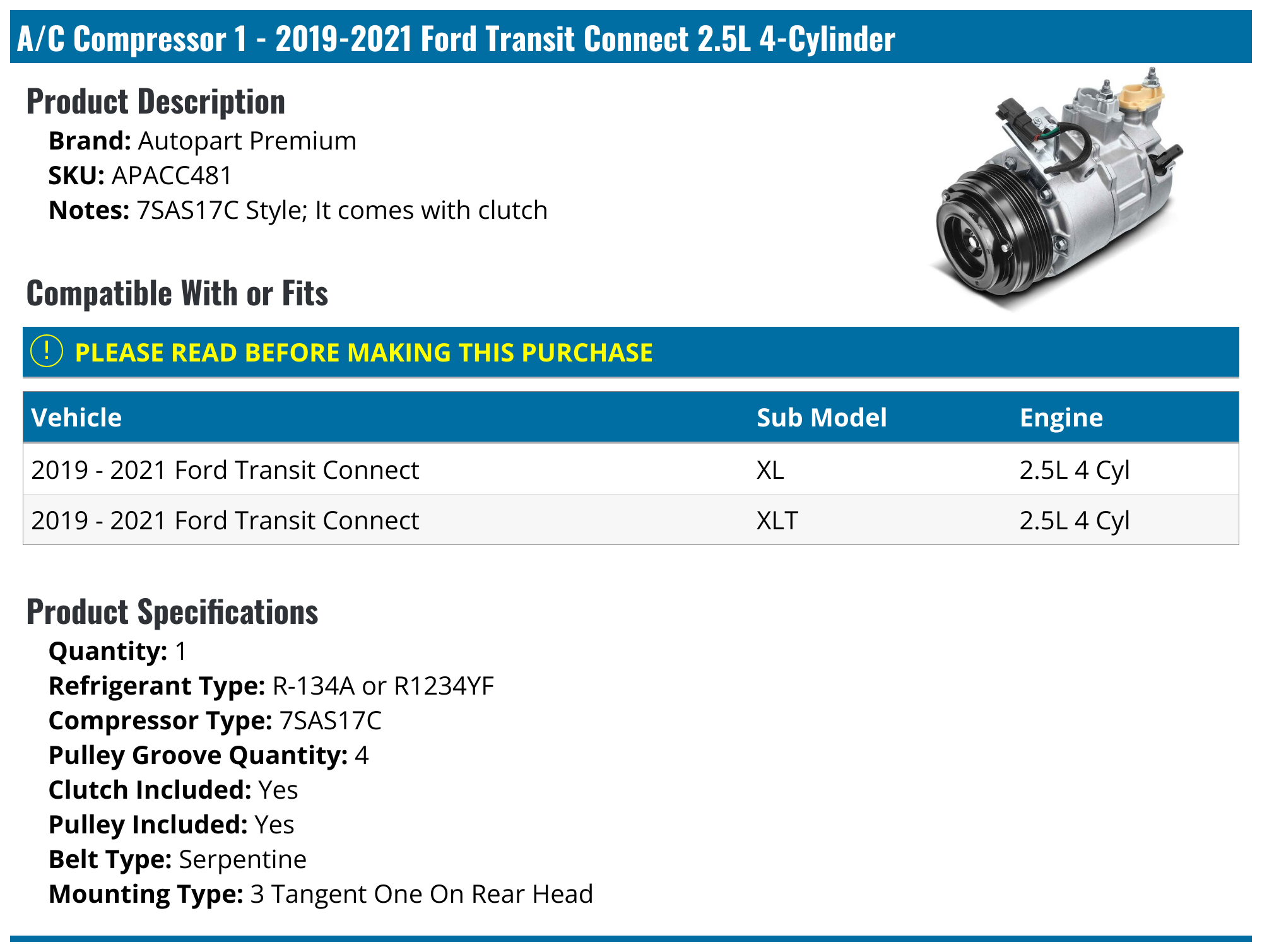2019-2021 Ford Transit Connect A/C Compressor - Autopart Premium ...