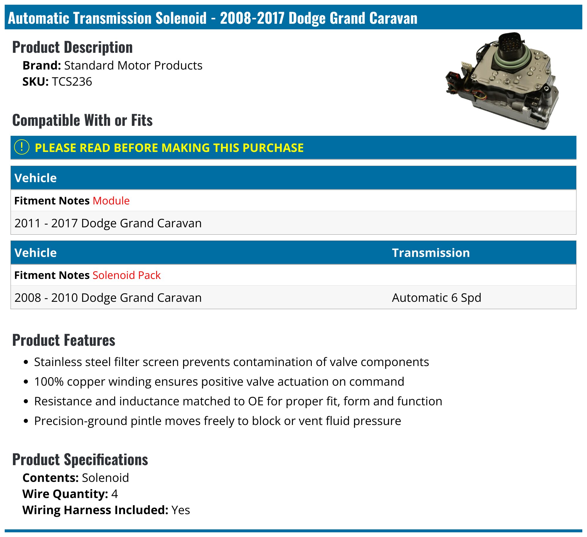 20082017 Dodge Grand Caravan Automatic Transmission Solenoid
