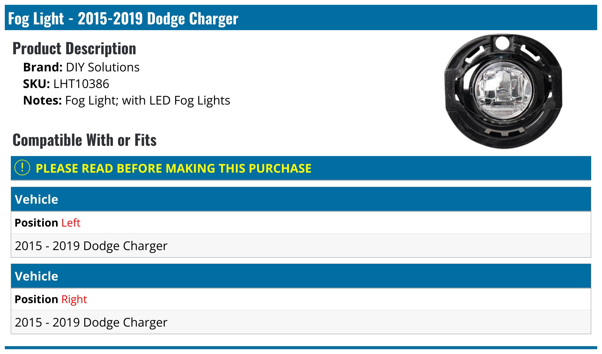 2015-2019 Dodge Charger Fog Light - DIY Solutions LHT10386 - Left