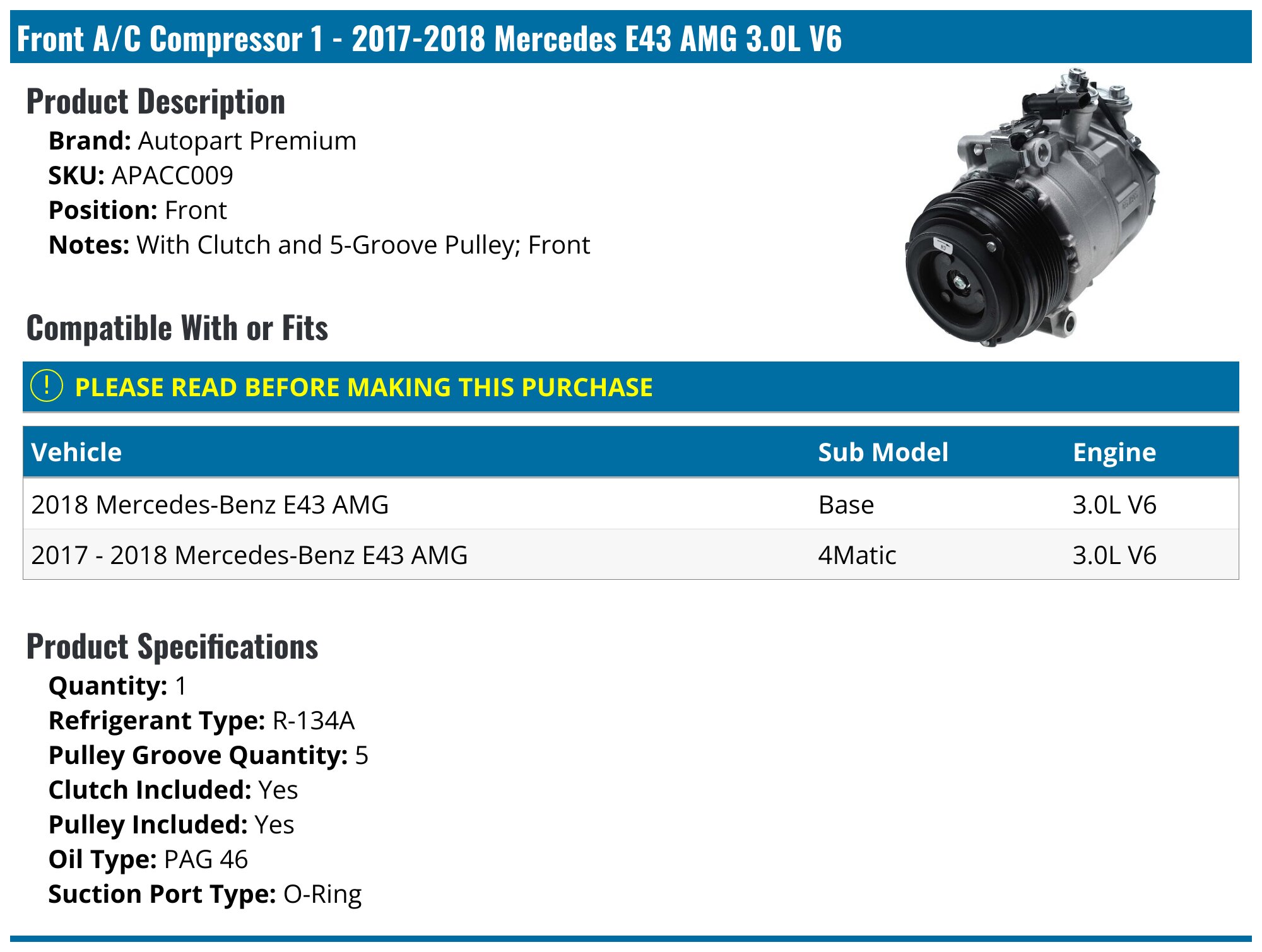 2017-2018 Mercedes E43 AMG A/C Compressor - Autopart Premium APACC009 ...