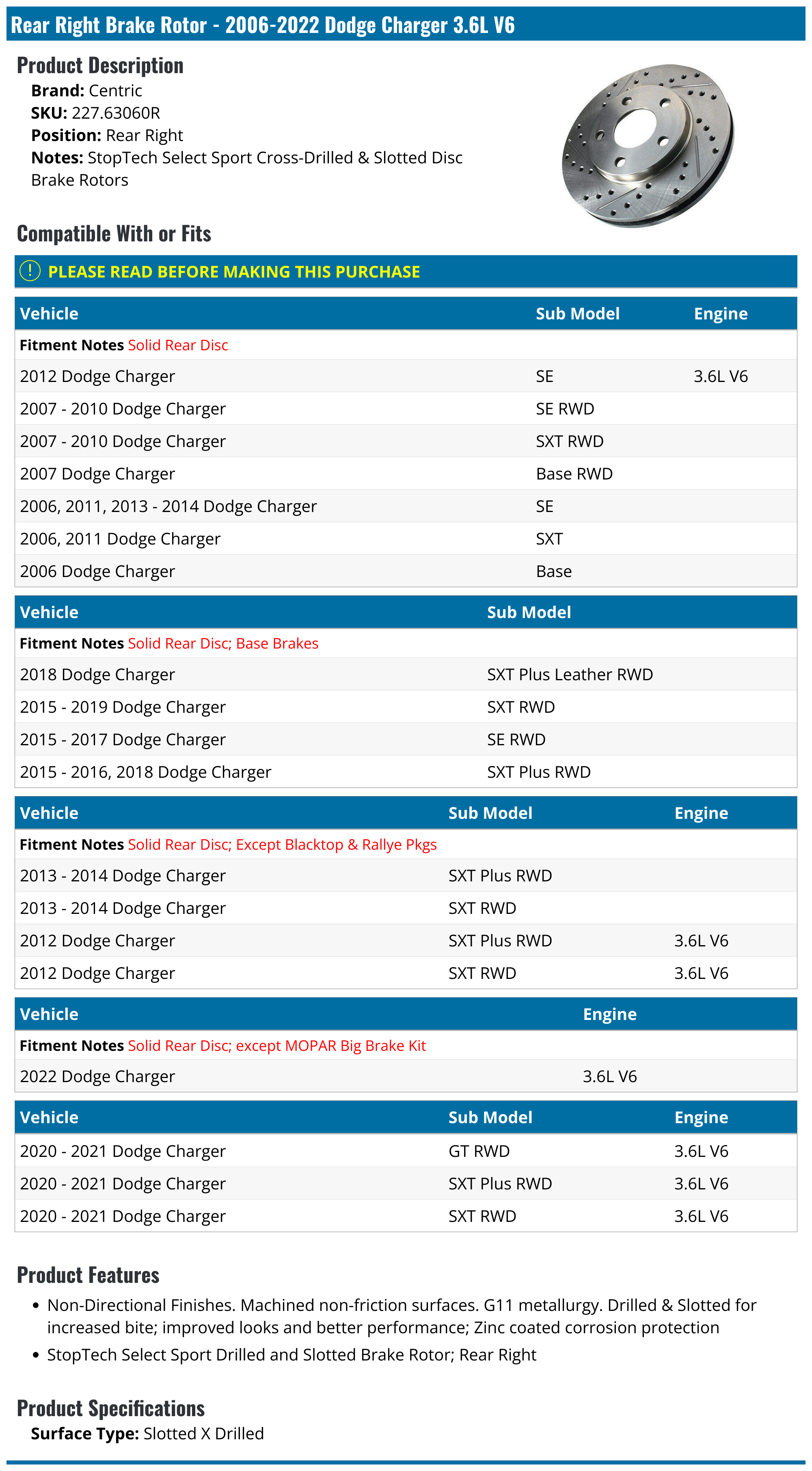 20062022 Dodge Charger Brake Rotor Centric 227.63060R Rear Right